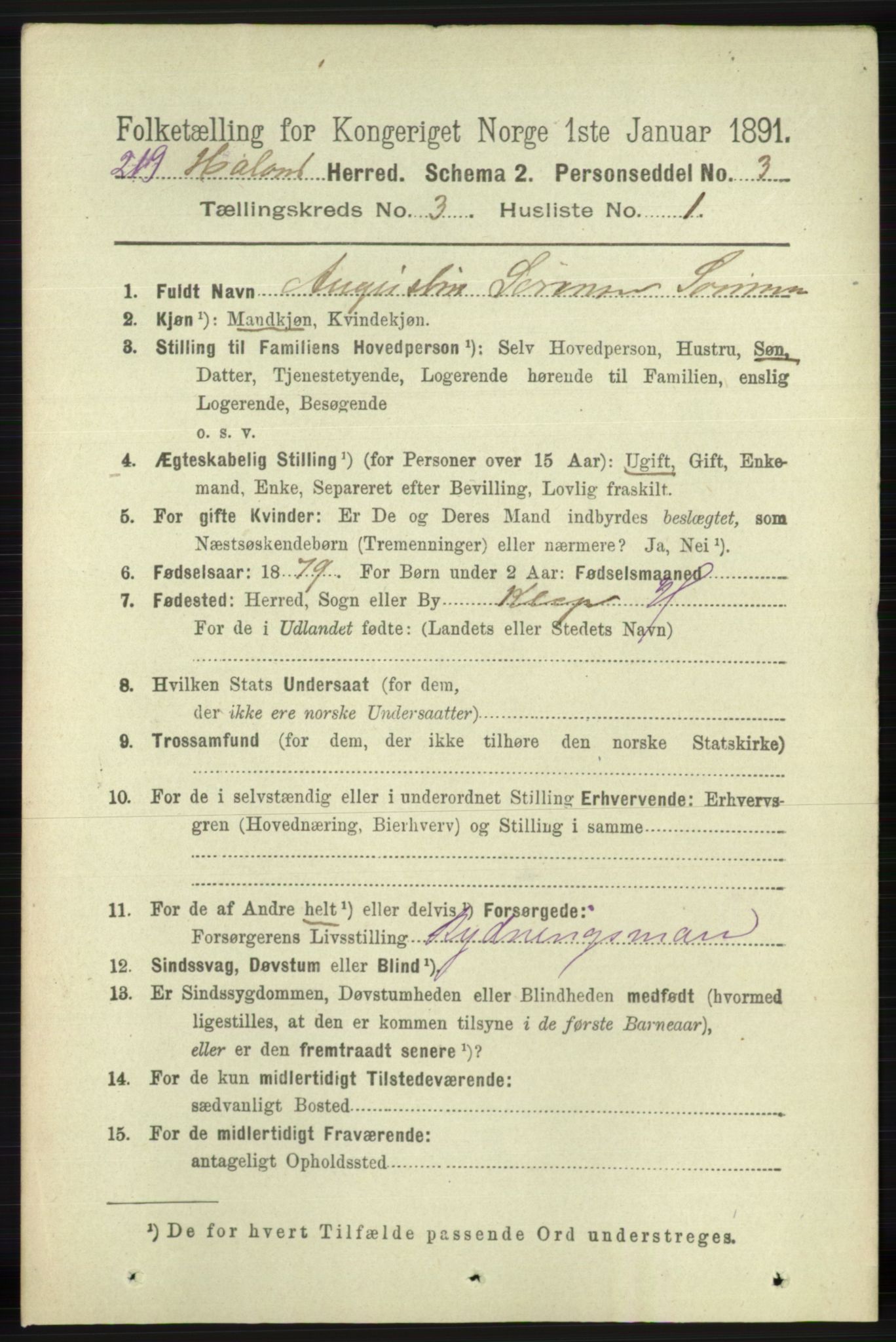 RA, 1891 census for 1124 Haaland, 1891, p. 1707