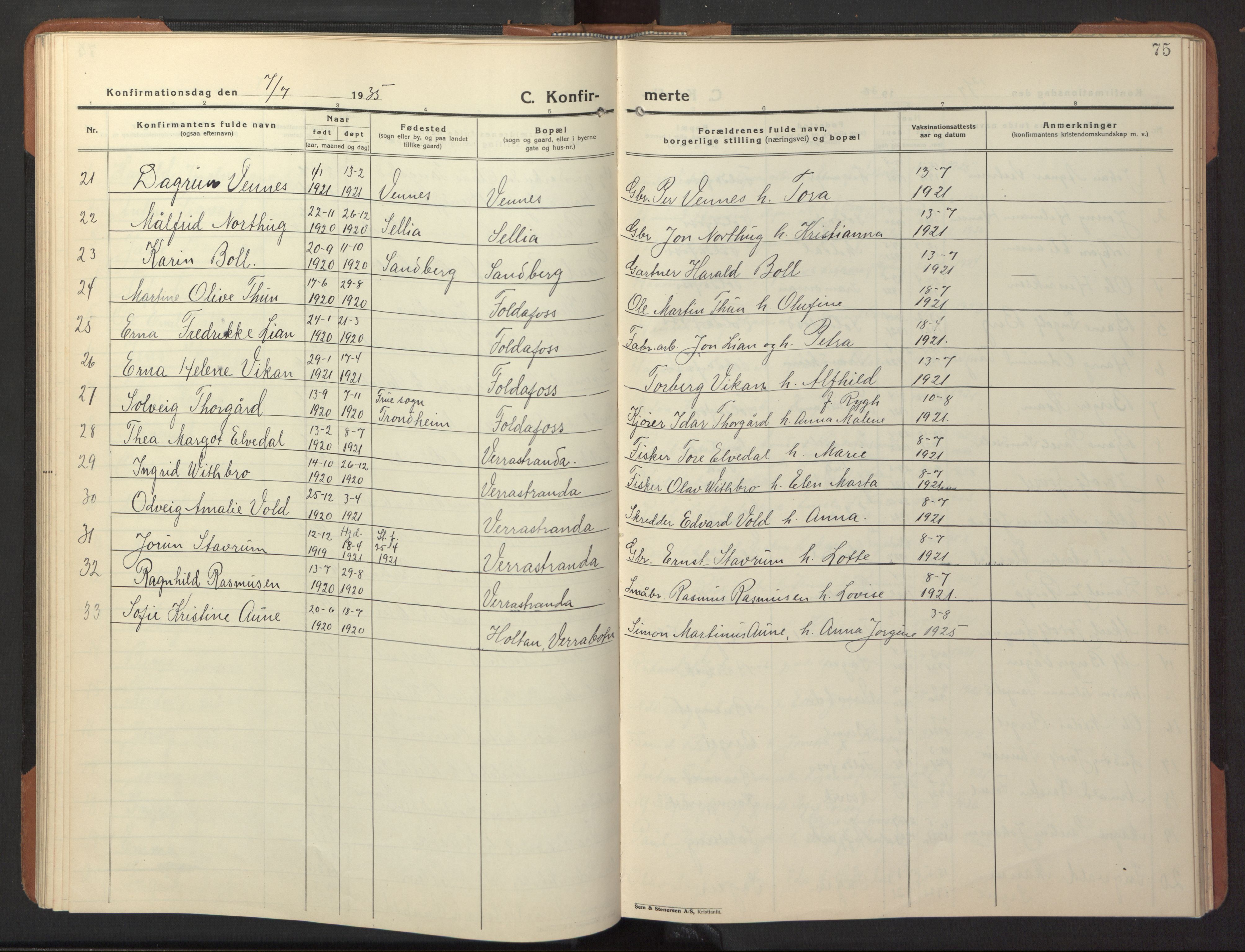 Ministerialprotokoller, klokkerbøker og fødselsregistre - Nord-Trøndelag, SAT/A-1458/744/L0425: Parish register (copy) no. 744C04, 1924-1947, p. 75