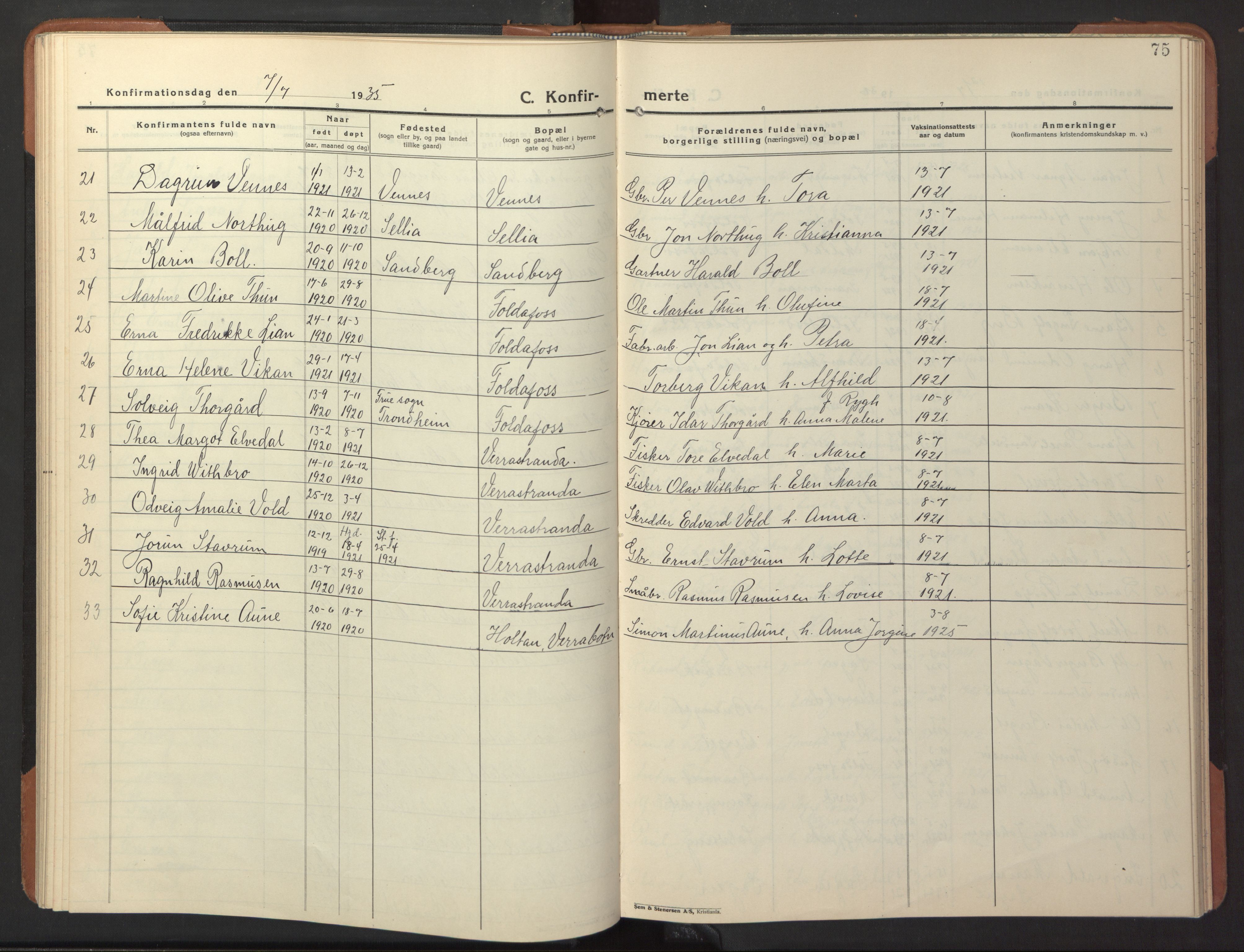 Ministerialprotokoller, klokkerbøker og fødselsregistre - Nord-Trøndelag, AV/SAT-A-1458/744/L0425: Parish register (copy) no. 744C04, 1924-1947, p. 75