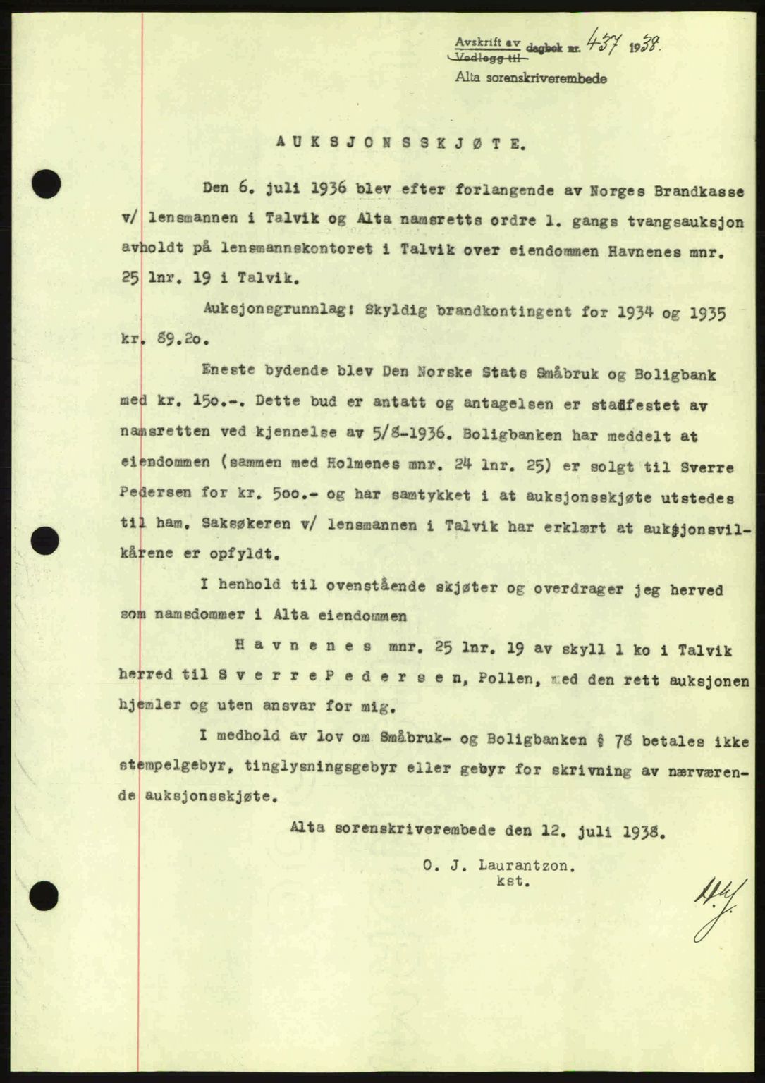 Alta fogderi/sorenskriveri, SATØ/SATØ-5/1/K/Kd/L0031pantebok: Mortgage book no. 31, 1938-1939, Diary no: : 437/1938