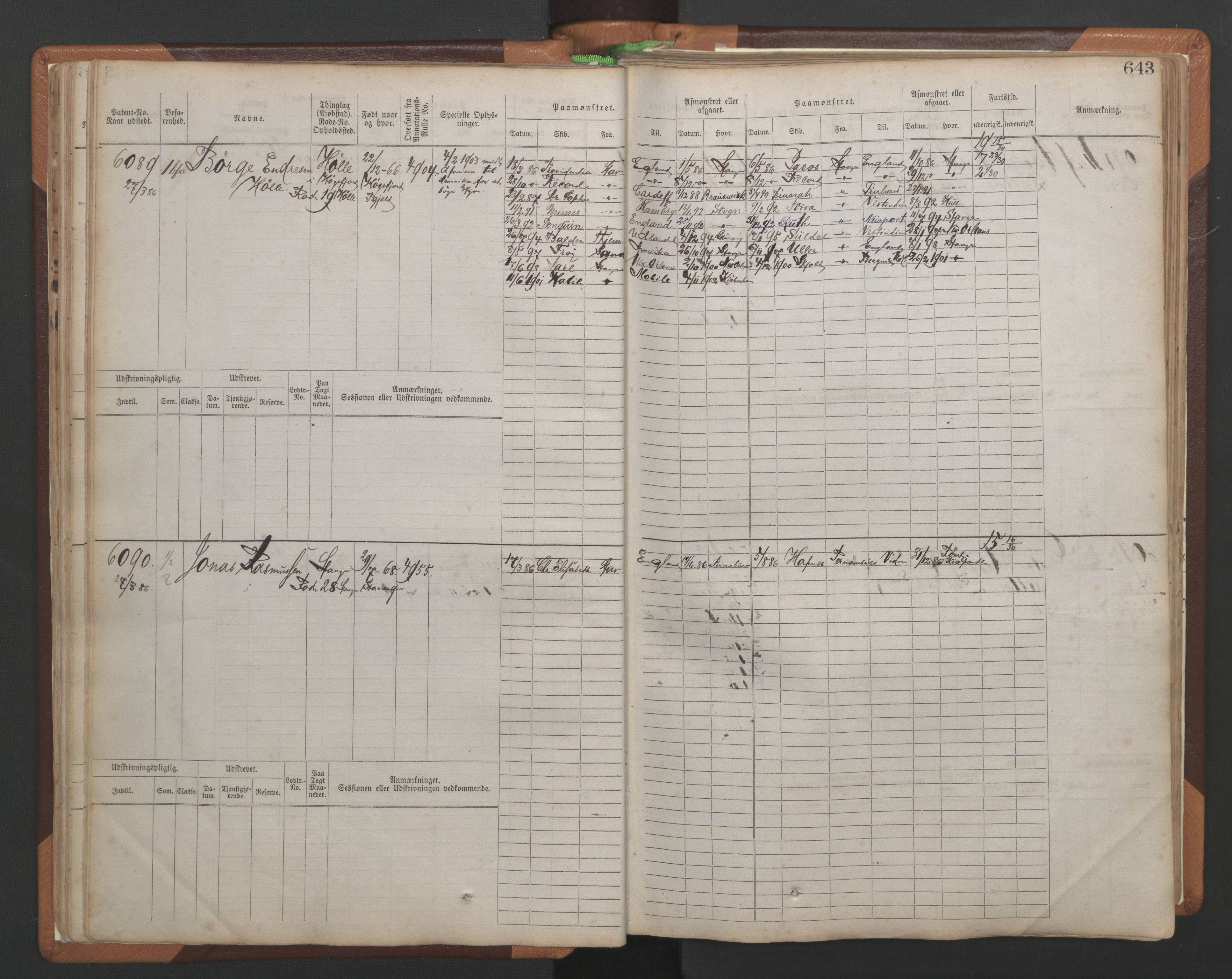 Stavanger sjømannskontor, AV/SAST-A-102006/F/Fb/Fbb/L0010: Sjøfartshovedrulle, patentnr. 6007-6606 (del 1), 1887-1896, p. 47