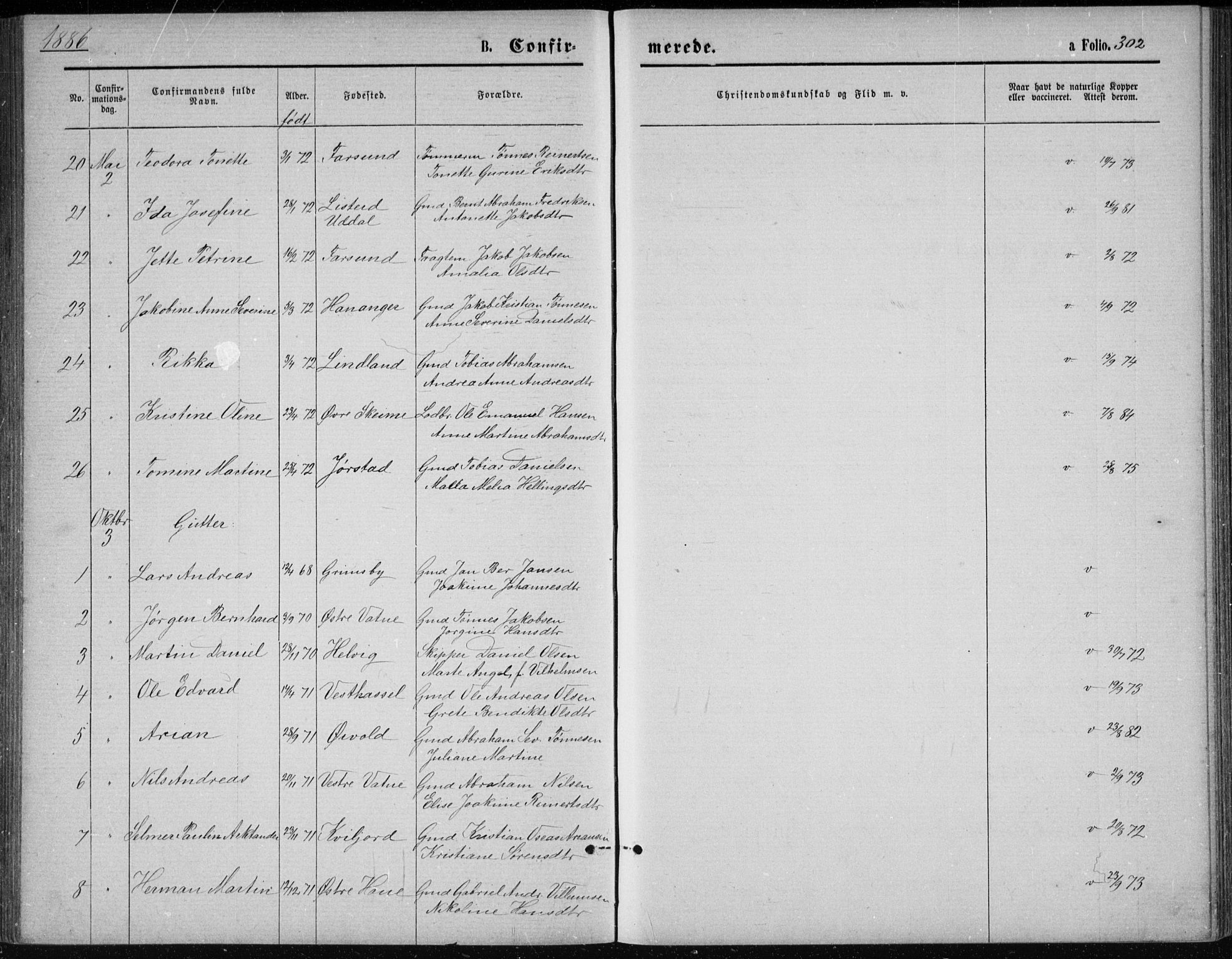 Lista sokneprestkontor, SAK/1111-0027/F/Fb/L0004: Parish register (copy) no. B 4, 1877-1891, p. 302