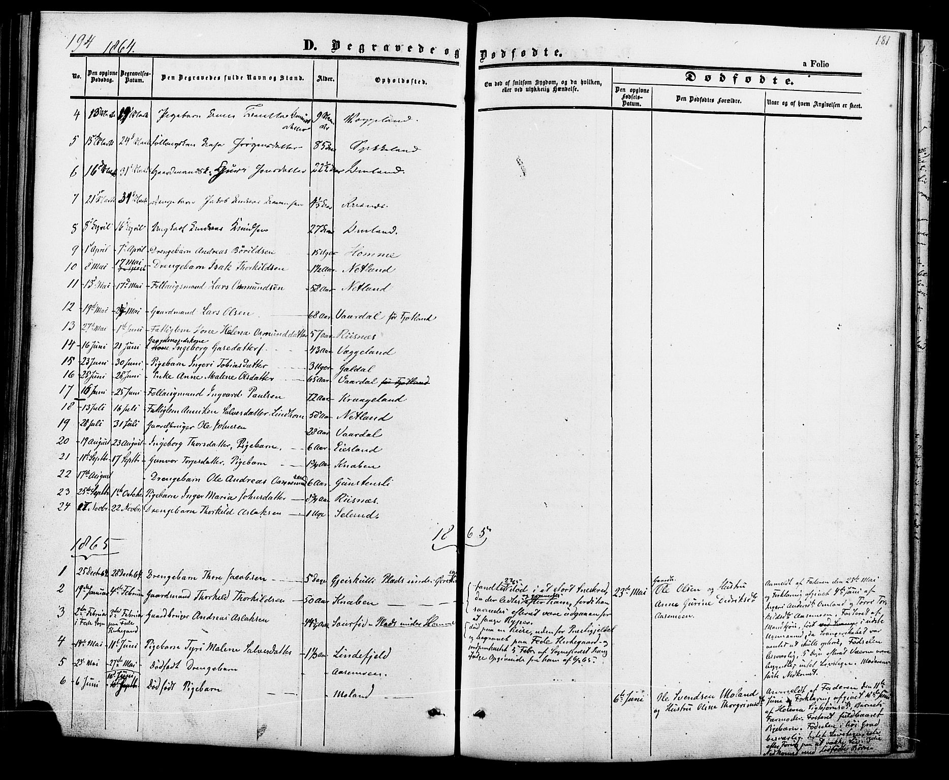 Fjotland sokneprestkontor, SAK/1111-0010/F/Fa/L0001: Parish register (official) no. A 1, 1850-1879, p. 181