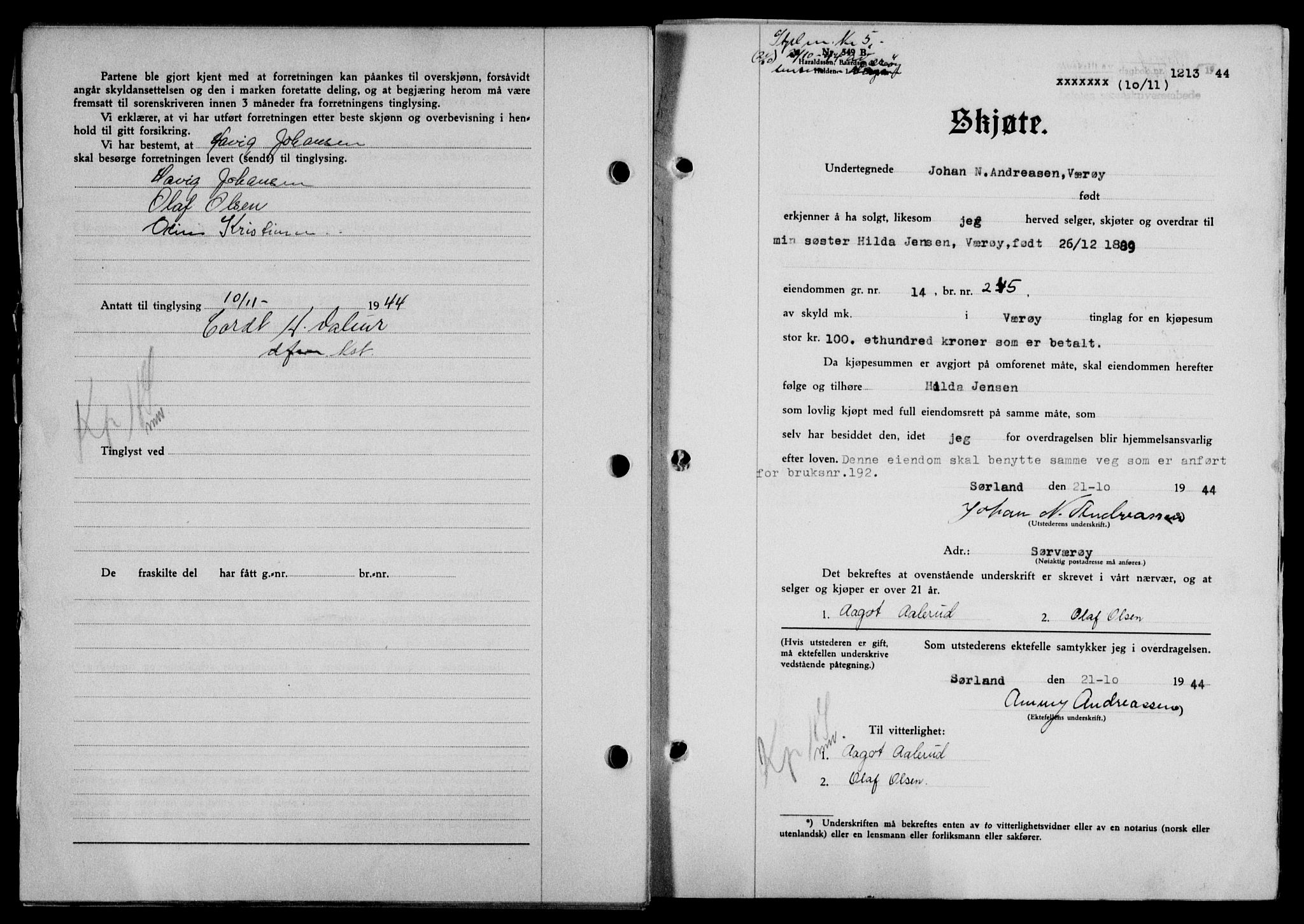 Lofoten sorenskriveri, SAT/A-0017/1/2/2C/L0012a: Mortgage book no. 12a, 1943-1944, Diary no: : 1213/1944