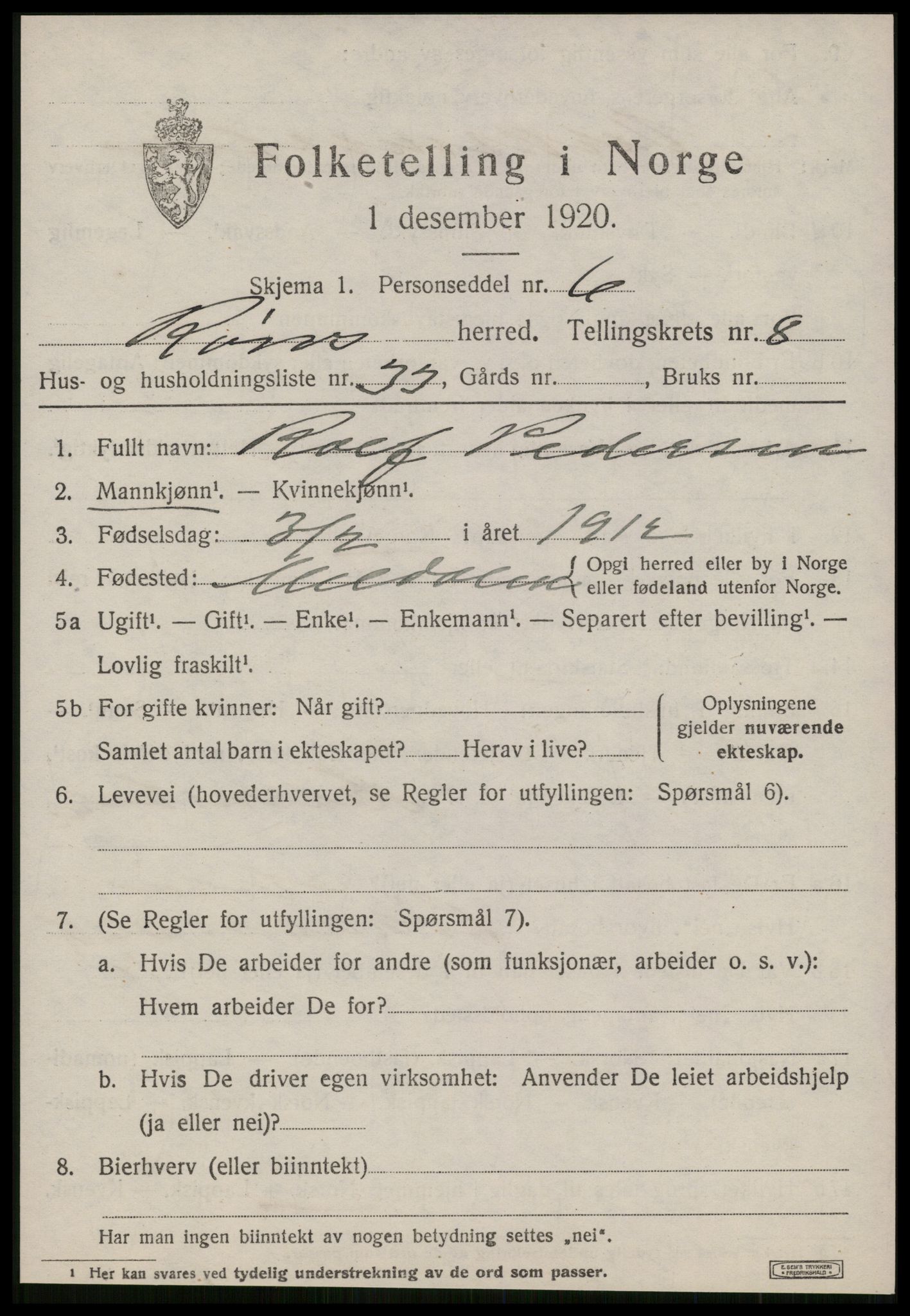 SAT, 1920 census for Røros, 1920, p. 7682