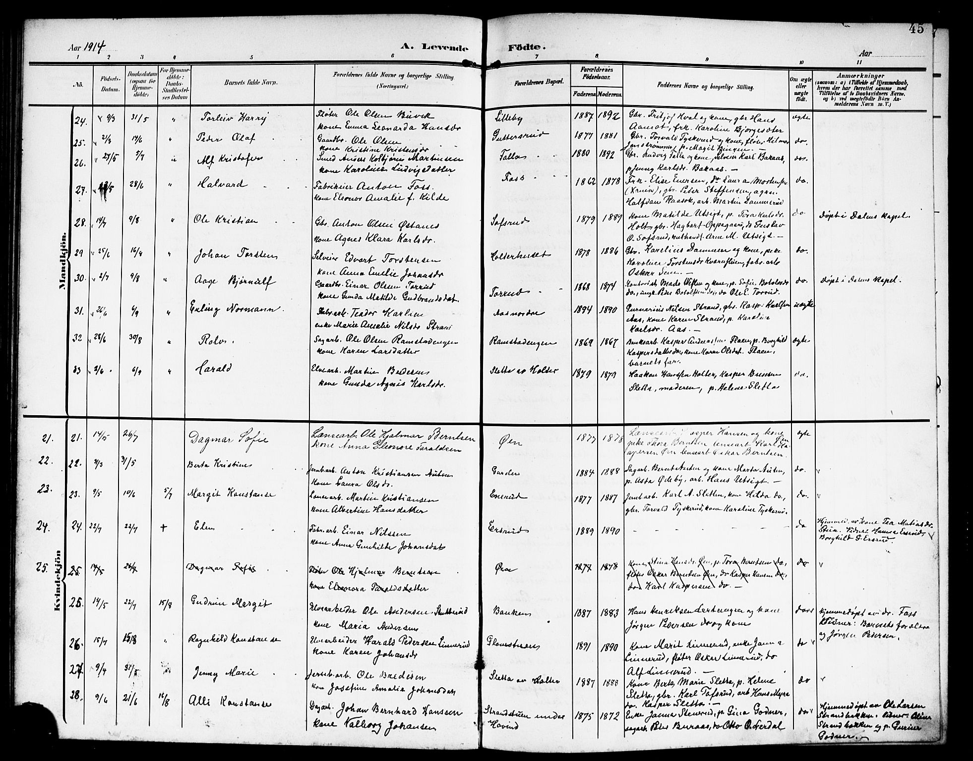 Fet prestekontor Kirkebøker, AV/SAO-A-10370a/G/Ga/L0008: Parish register (copy) no. I 8, 1907-1920, p. 45