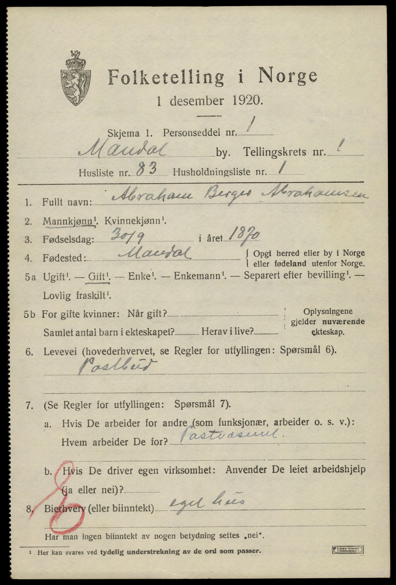 SAK, 1920 census for Mandal, 1920, p. 4093