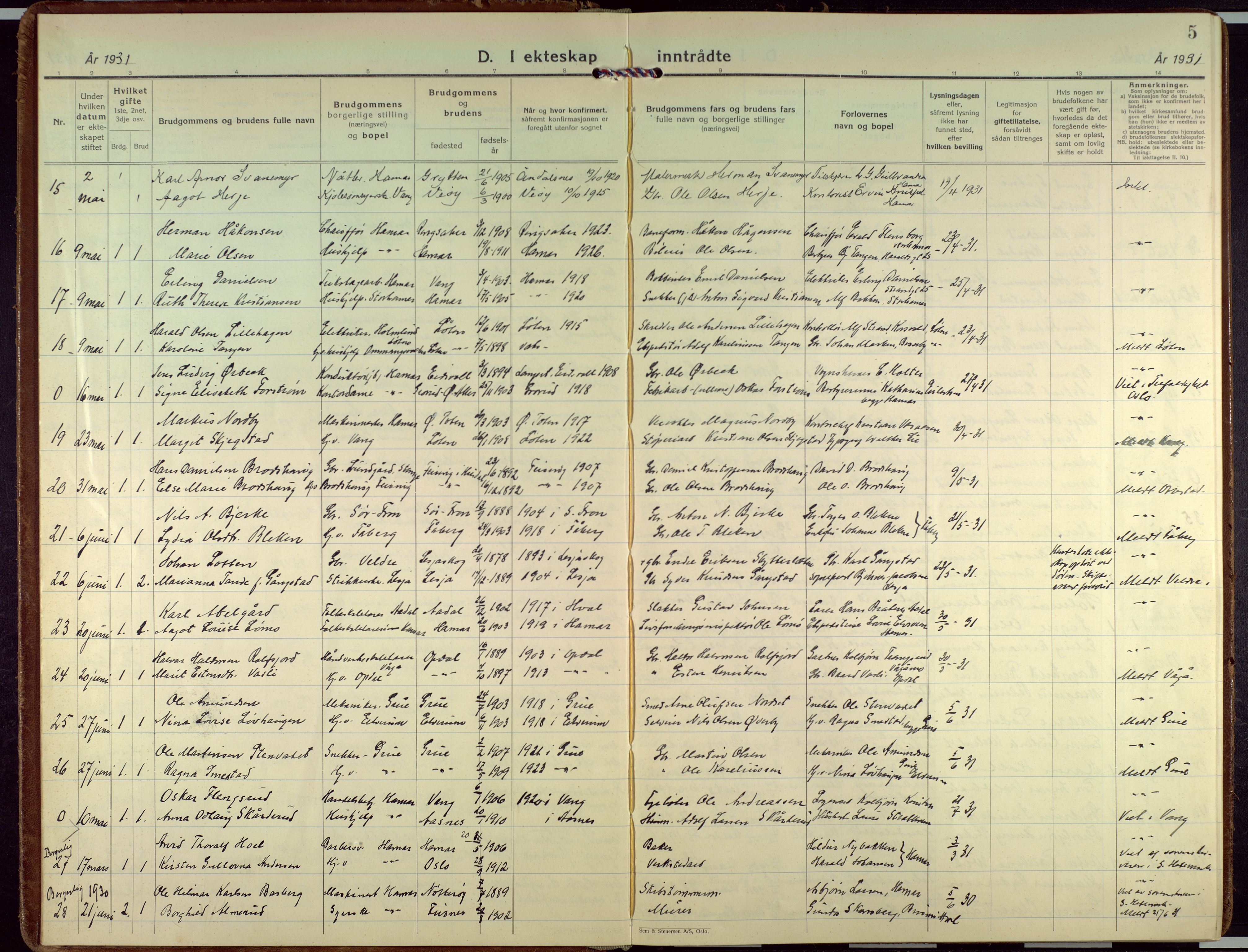 Hamar prestekontor, AV/SAH-DOMPH-002/H/Ha/Haa/L0006: Parish register (official) no. 6, 1931-1953, p. 5