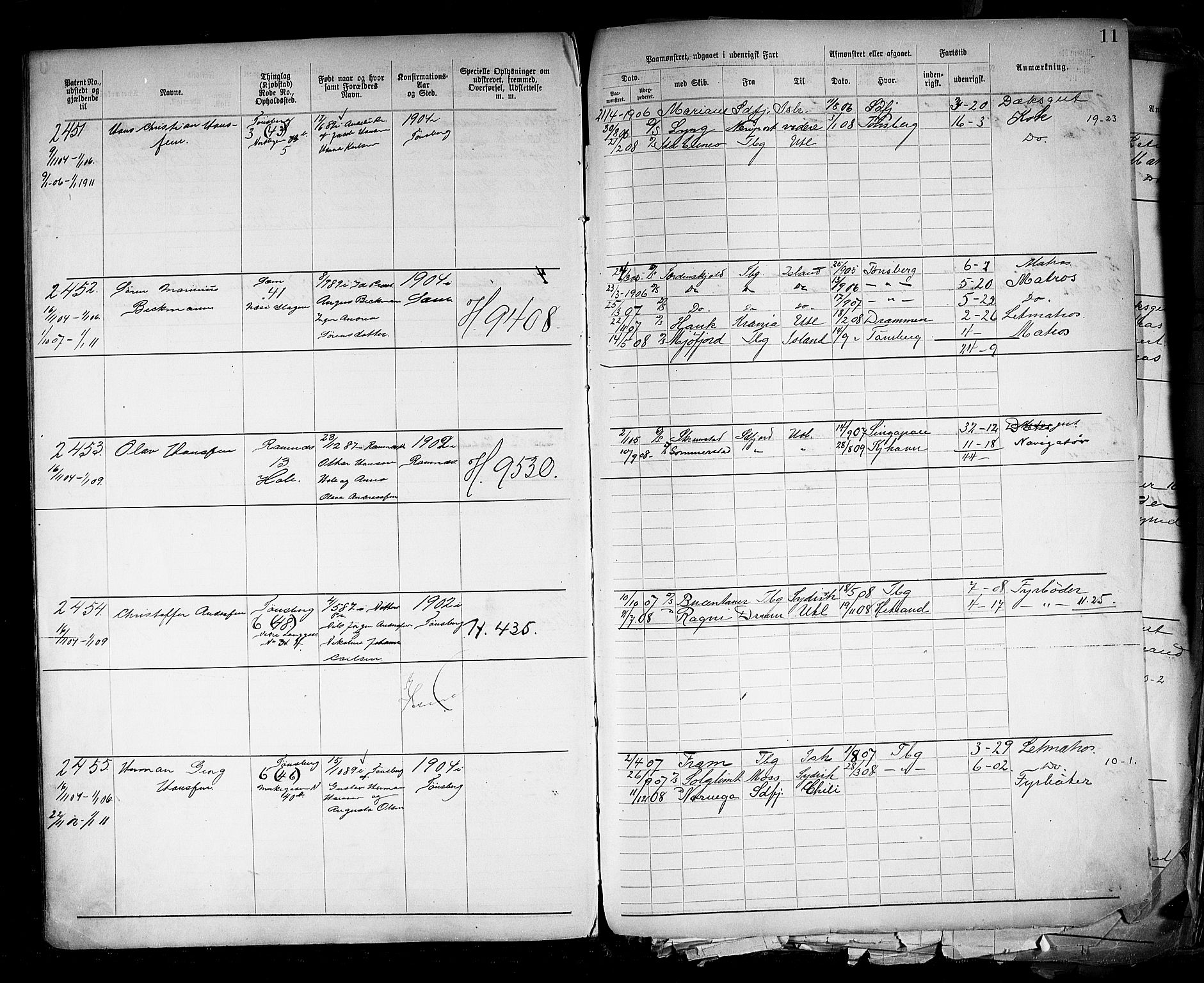 Tønsberg innrulleringskontor, AV/SAKO-A-786/F/Fb/L0005: Annotasjonsrulle Patent nr. 2401-4080, 1904-1910, p. 14