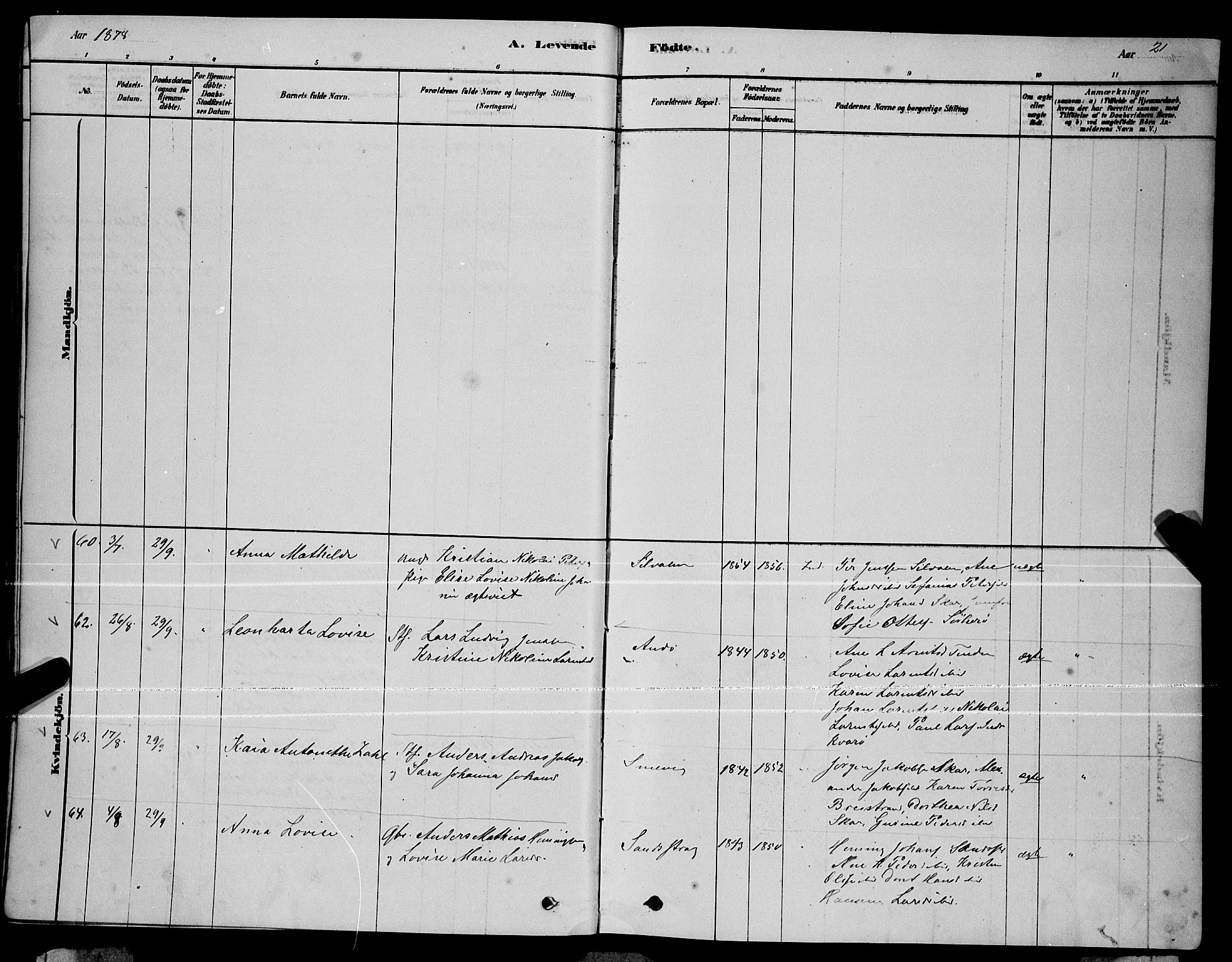 Ministerialprotokoller, klokkerbøker og fødselsregistre - Nordland, AV/SAT-A-1459/834/L0513: Parish register (copy) no. 834C04, 1877-1892, p. 21