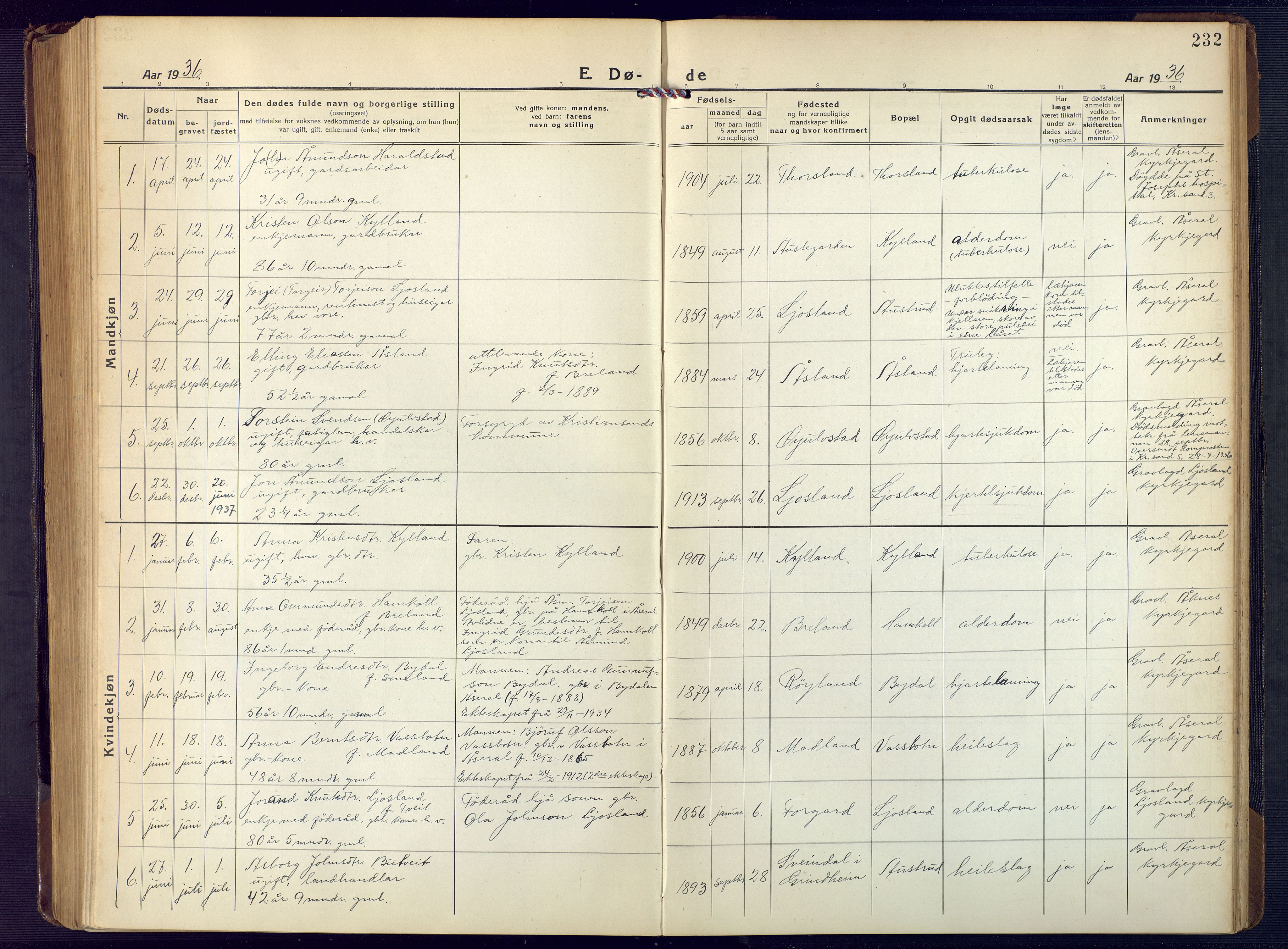 Åseral sokneprestkontor, SAK/1111-0051/F/Fb/L0004: Parish register (copy) no. B 4, 1920-1946, p. 232