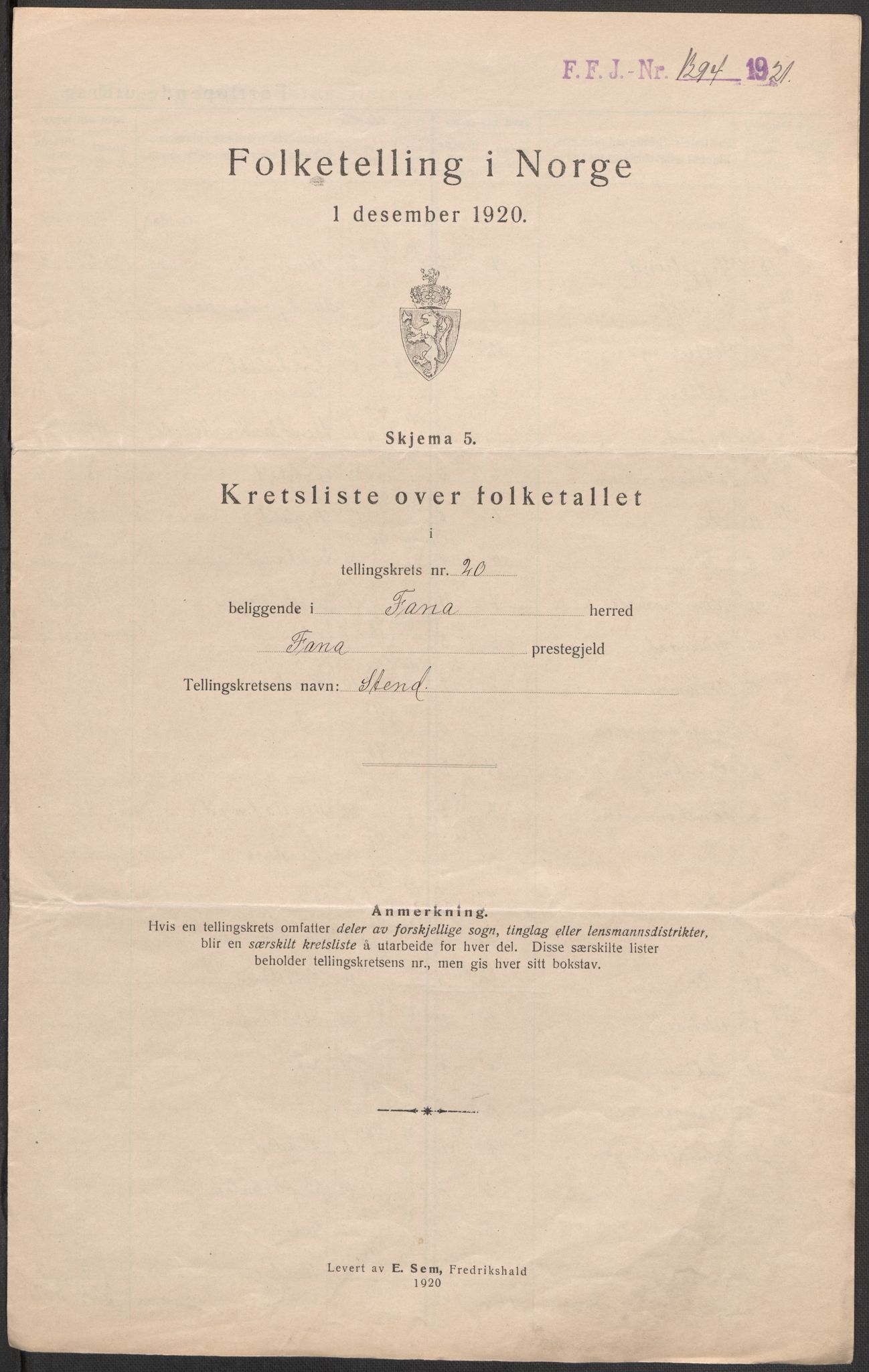 SAB, 1920 census for Fana, 1920, p. 77