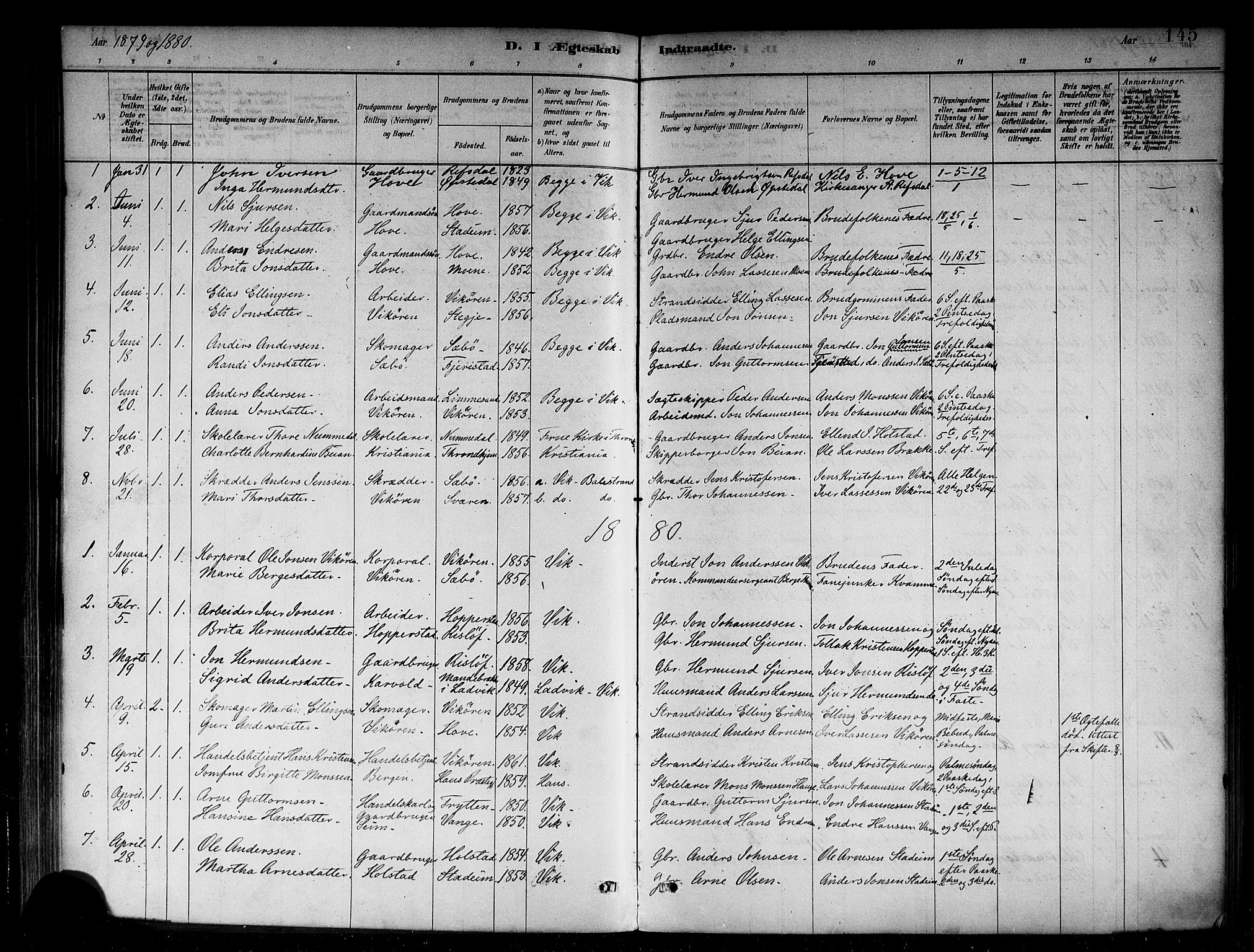 Vik sokneprestembete, AV/SAB-A-81501/H/Haa/Haab/L0001: Parish register (official) no. B 1, 1878-1890, p. 145