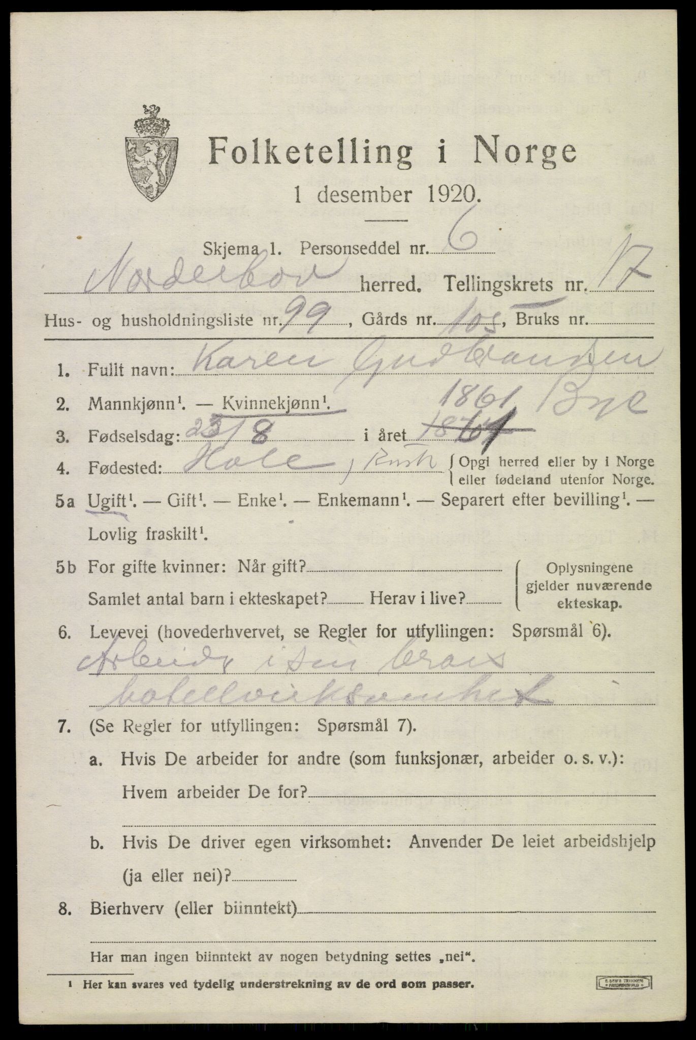 SAKO, 1920 census for Norderhov, 1920, p. 19551