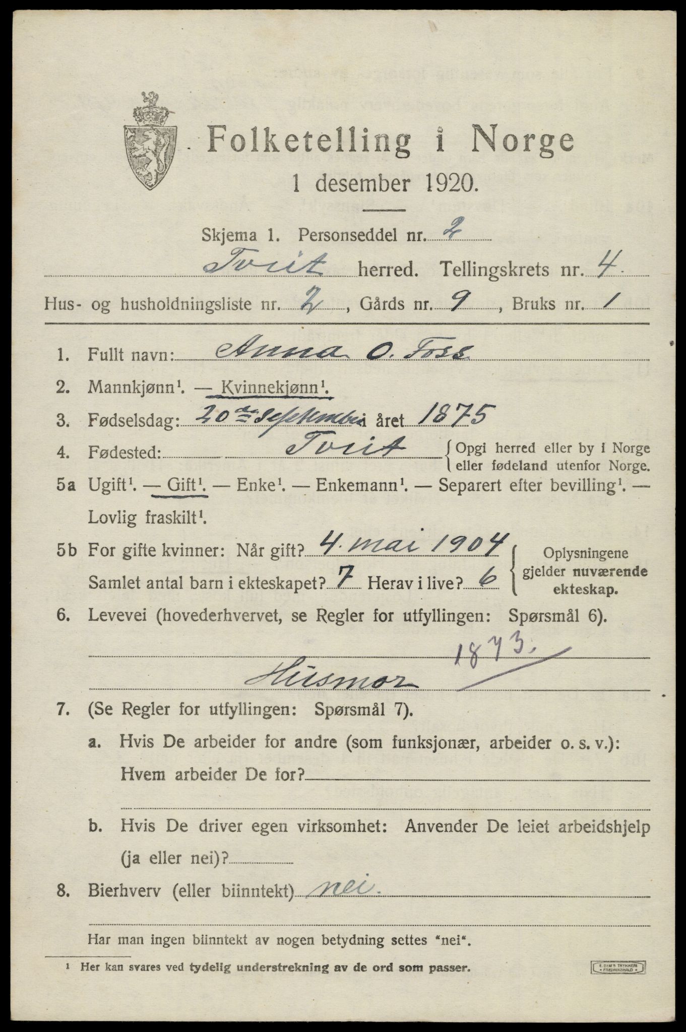 SAK, 1920 census for Tveit, 1920, p. 1986