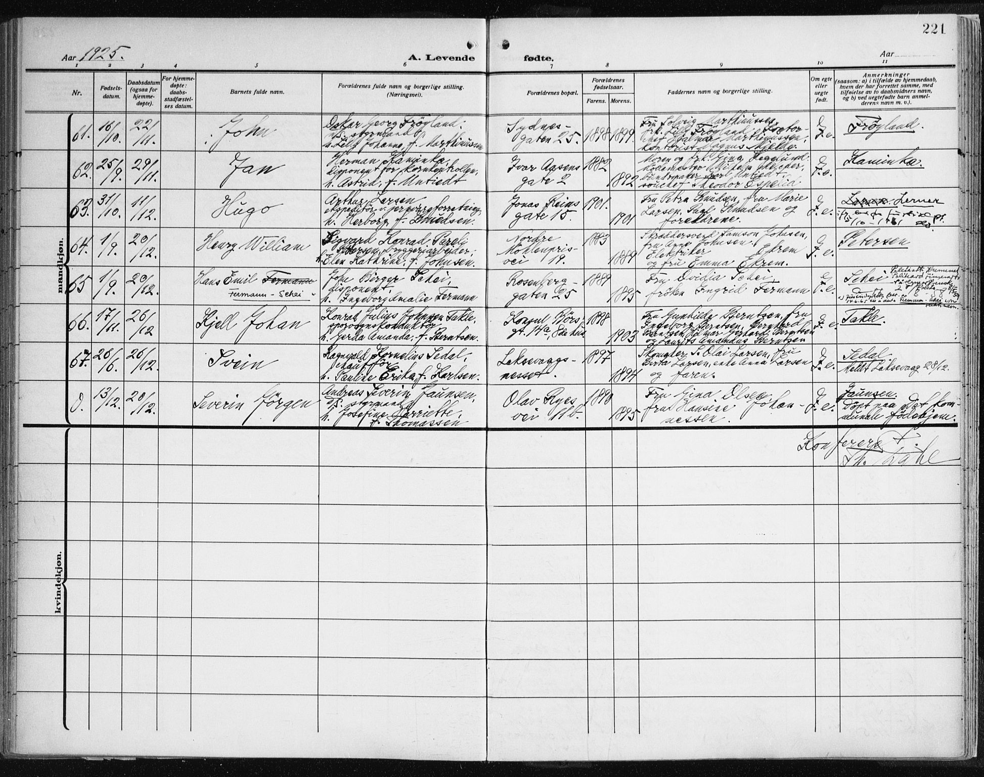 Johanneskirken sokneprestembete, AV/SAB-A-76001/H/Haa: Parish register (official) no. A 3, 1913-1934, p. 221