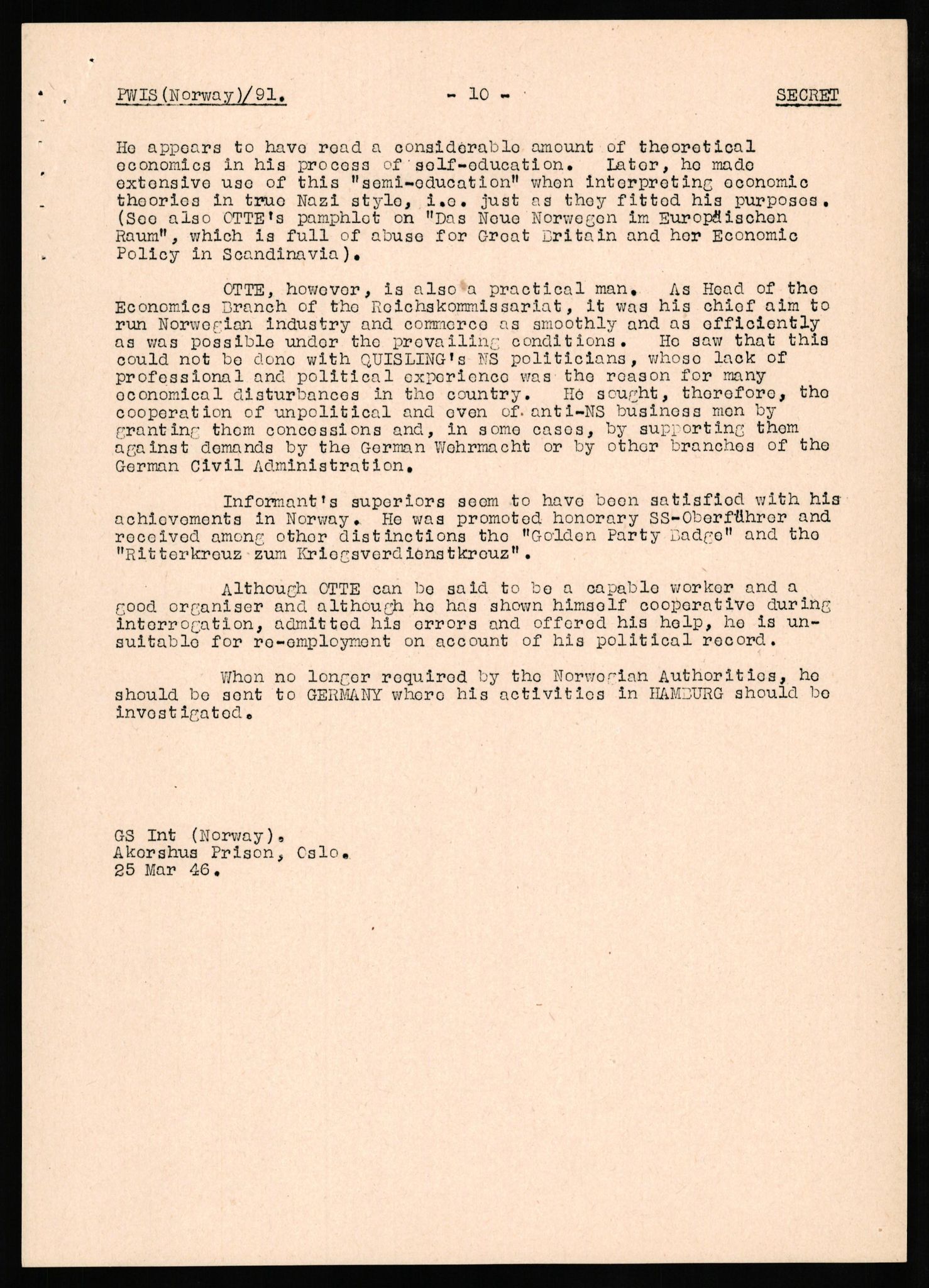 Forsvaret, Forsvarets overkommando II, AV/RA-RAFA-3915/D/Db/L0025: CI Questionaires. Tyske okkupasjonsstyrker i Norge. Tyskere., 1945-1946, p. 90