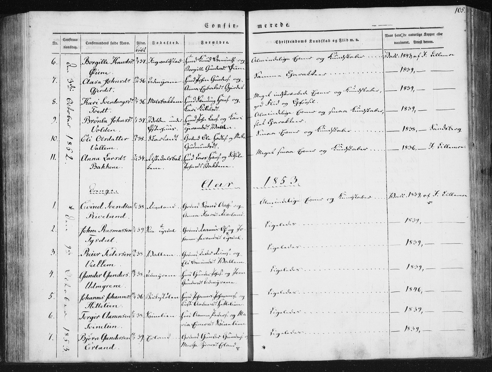 Hjelmeland sokneprestkontor, AV/SAST-A-101843/01/IV/L0008: Parish register (official) no. A 8, 1842-1861, p. 105