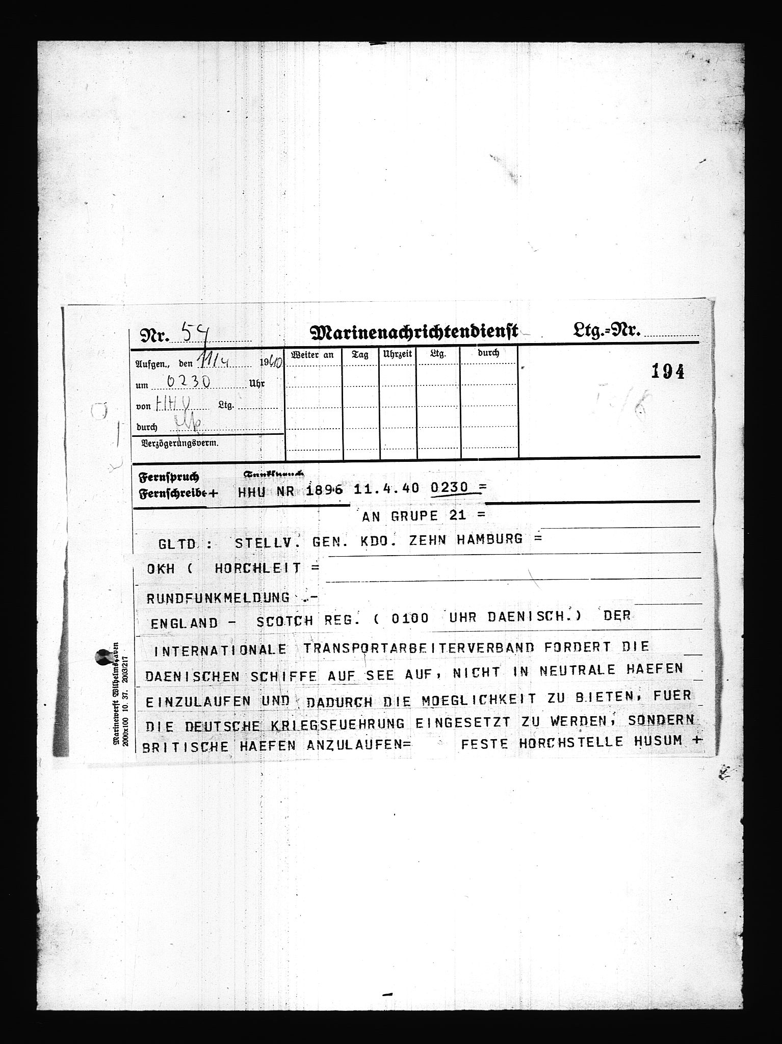 Documents Section, AV/RA-RAFA-2200/V/L0085: Amerikansk mikrofilm "Captured German Documents".
Box No. 724.  FKA jnr. 615/1954., 1940-1941, p. 66