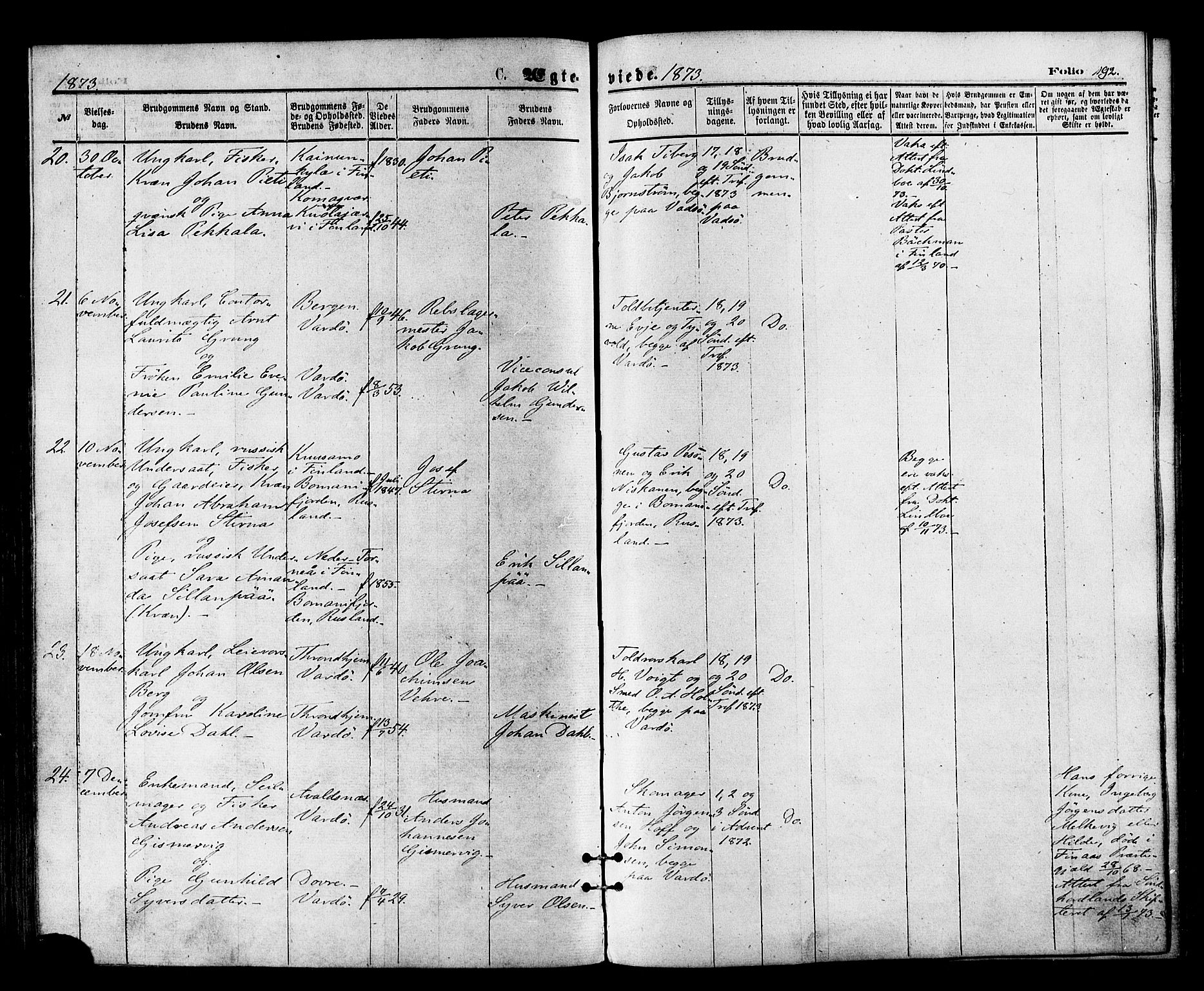 Vardø sokneprestkontor, SATØ/S-1332/H/Ha/L0005kirke: Parish register (official) no. 5, 1872-1878, p. 192