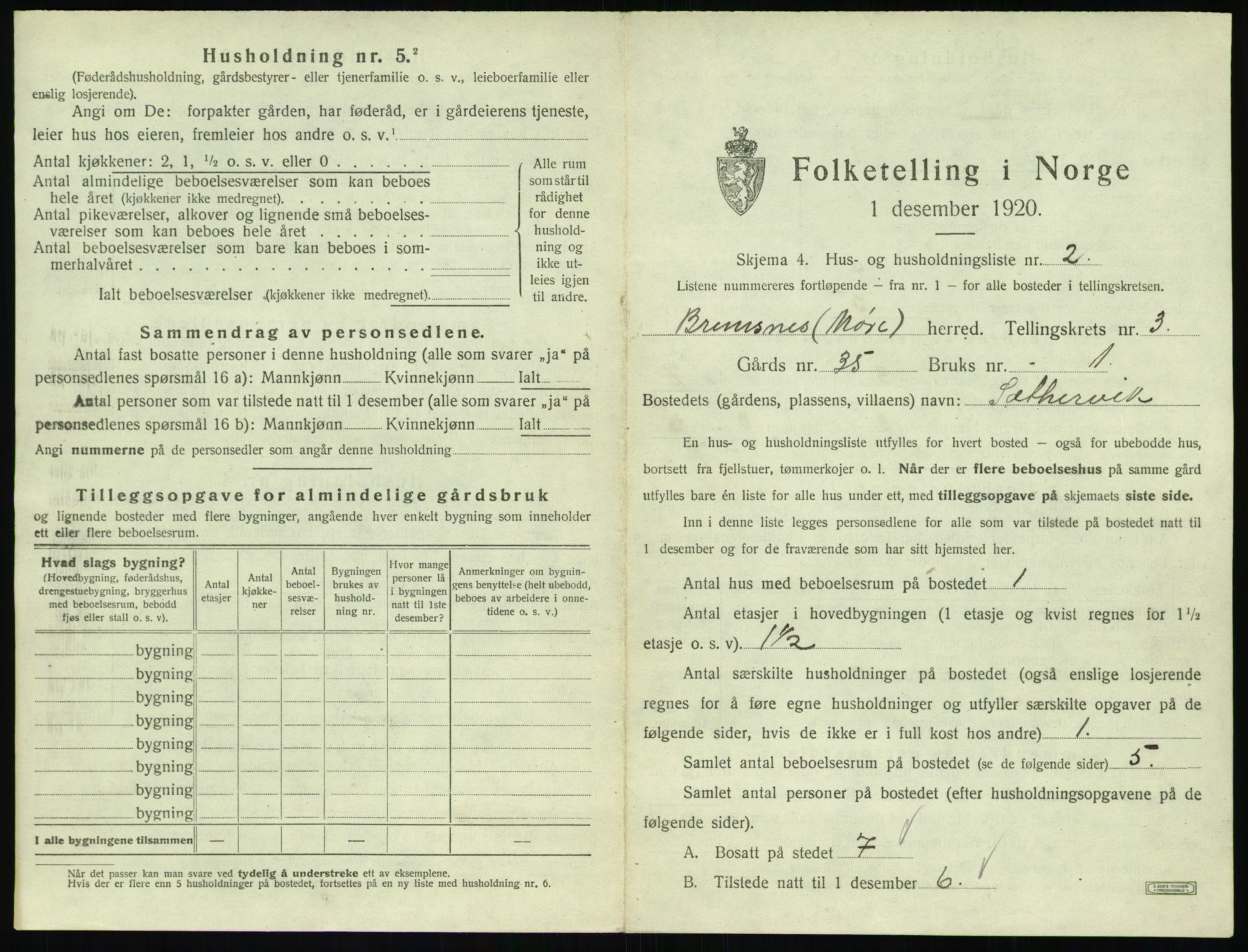 SAT, 1920 census for Bremsnes, 1920, p. 335