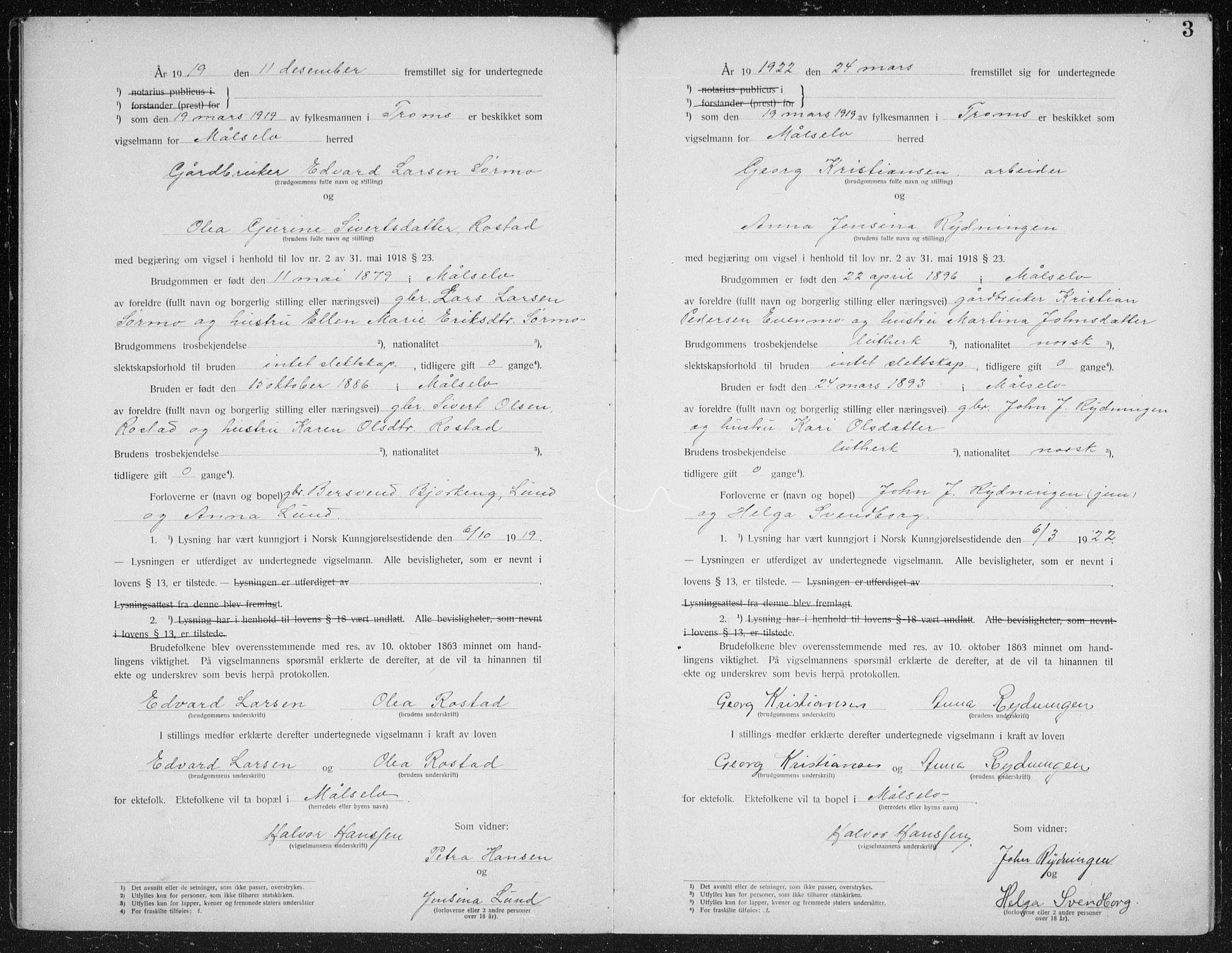 Målselv sokneprestembete, SATØ/S-1311/I/Ie/L0046: Marriage register (dissenter) no. 46, 1919-1942, p. 3
