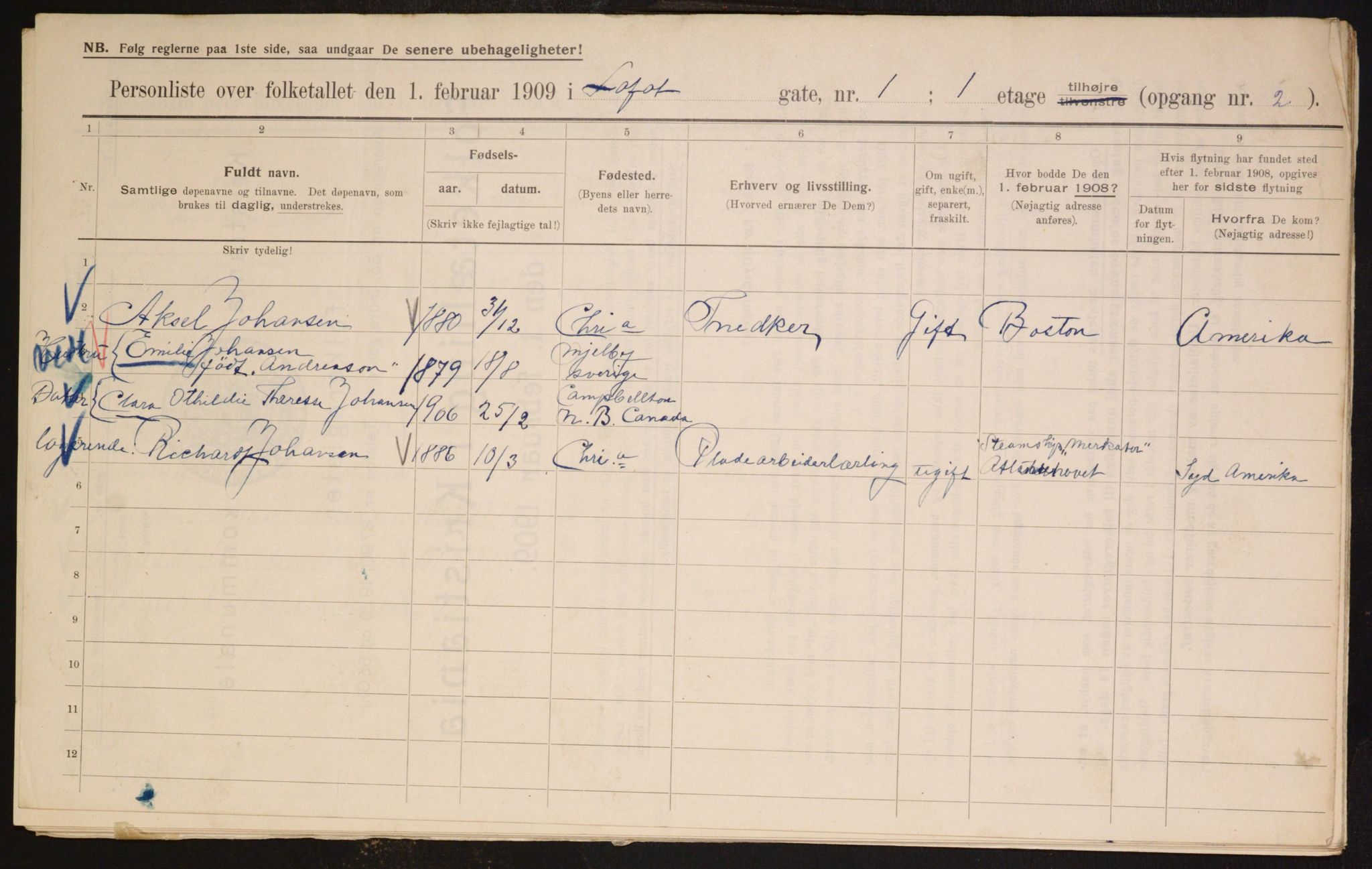 OBA, Municipal Census 1909 for Kristiania, 1909, p. 53069