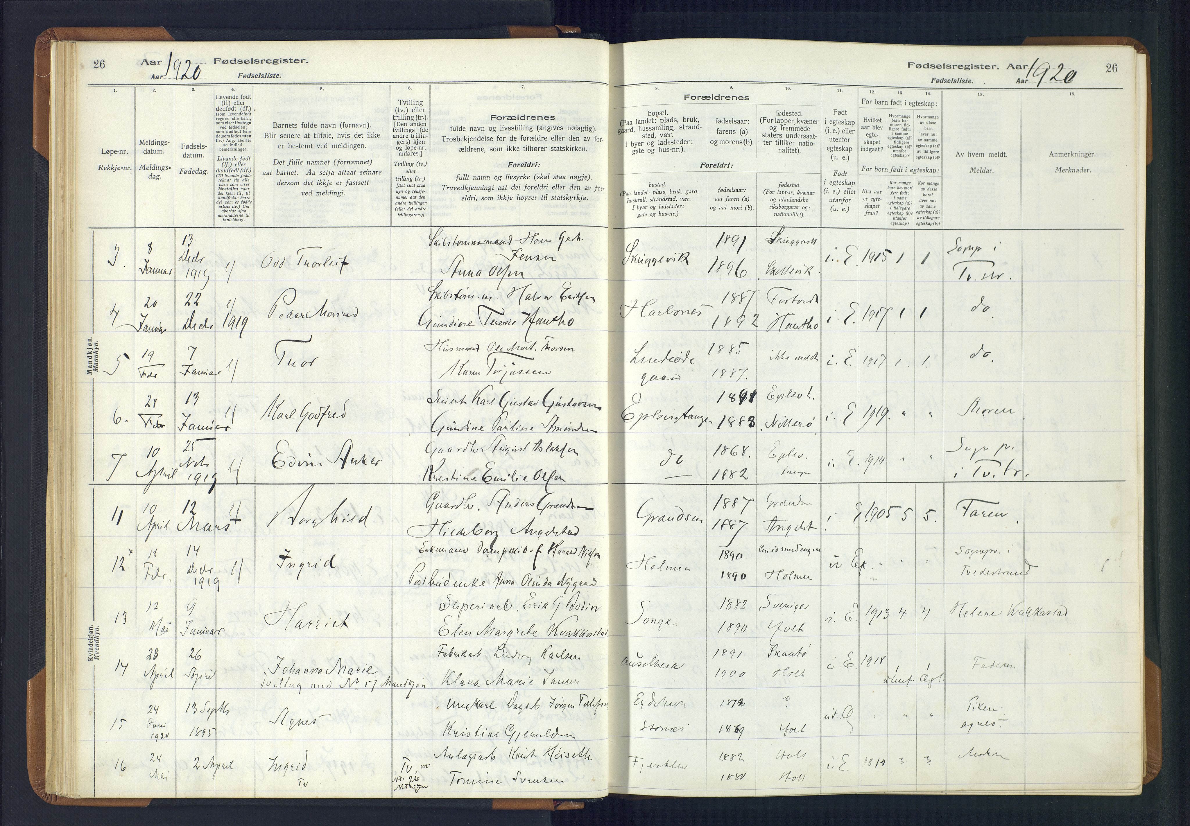 Holt sokneprestkontor, SAK/1111-0021/J/Ja/L0001: Birth register no. II.4.1, 1916-1946, p. 26