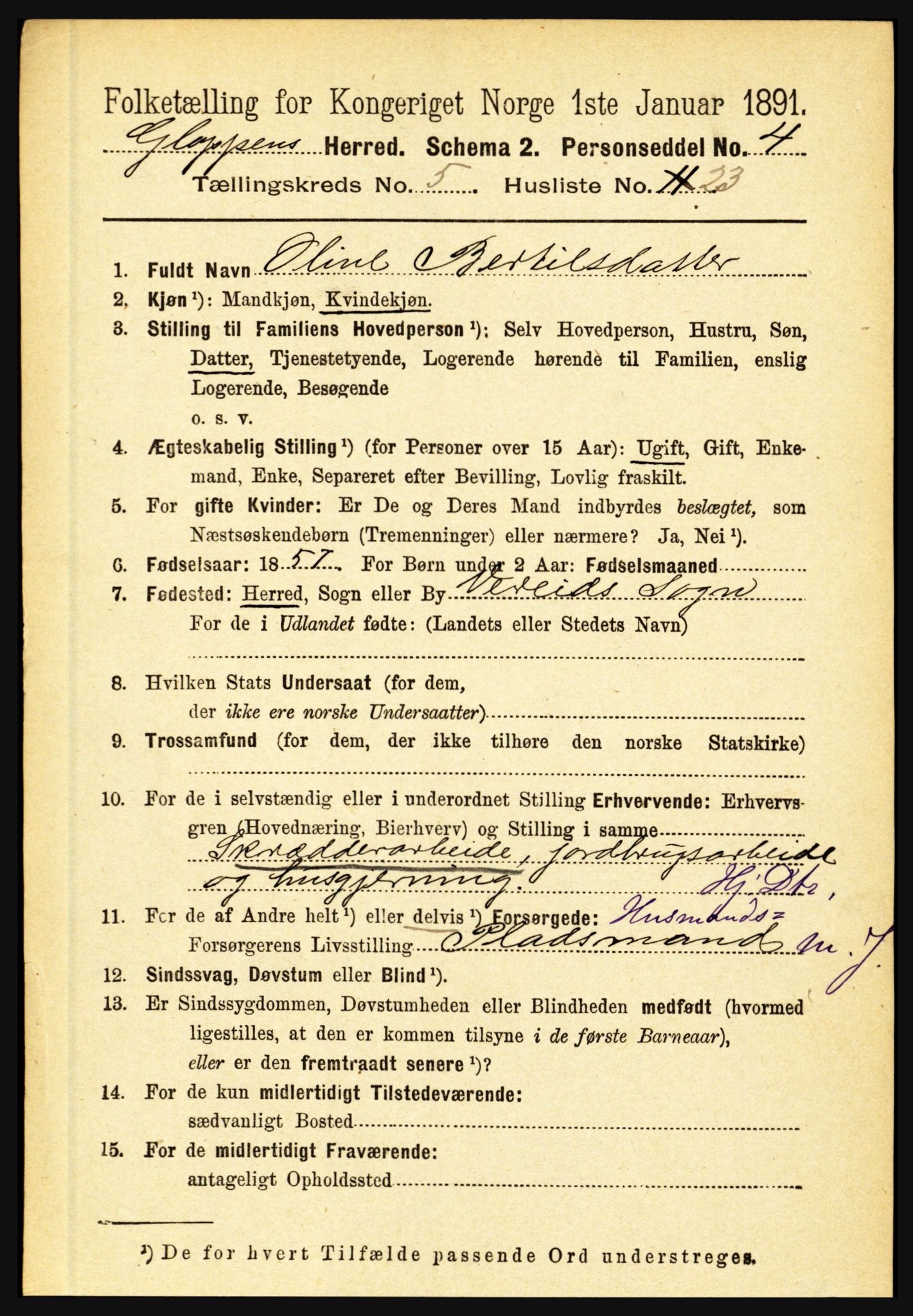 RA, 1891 census for 1445 Gloppen, 1891, p. 2209