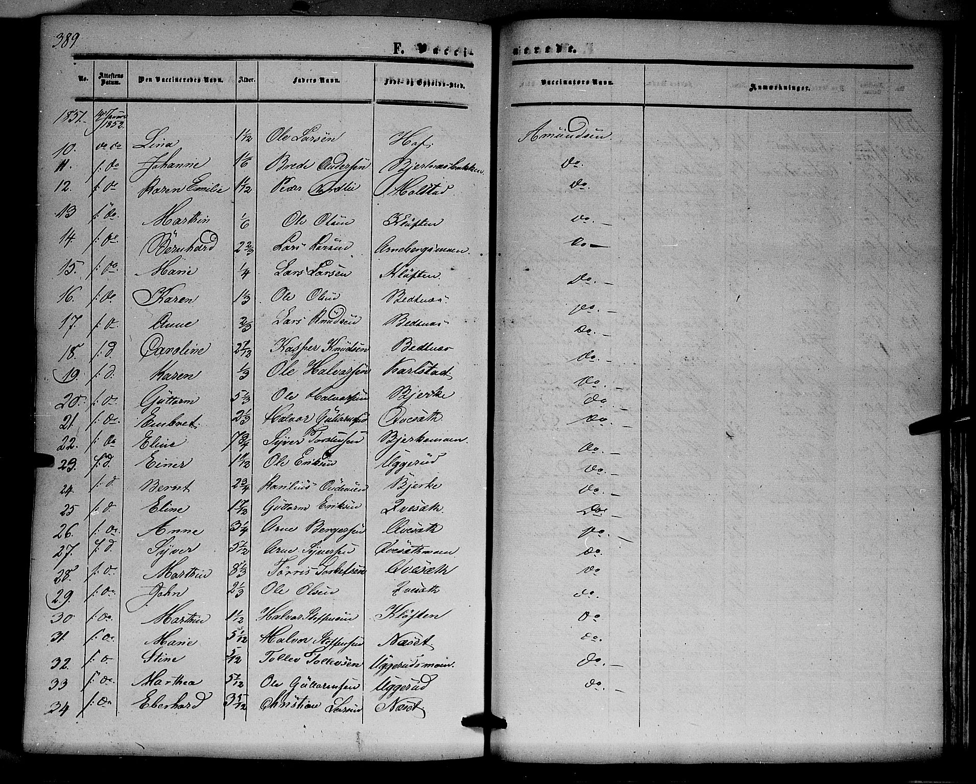Hof prestekontor, SAH/PREST-038/H/Ha/Haa/L0008: Parish register (official) no. 8, 1849-1861, p. 389