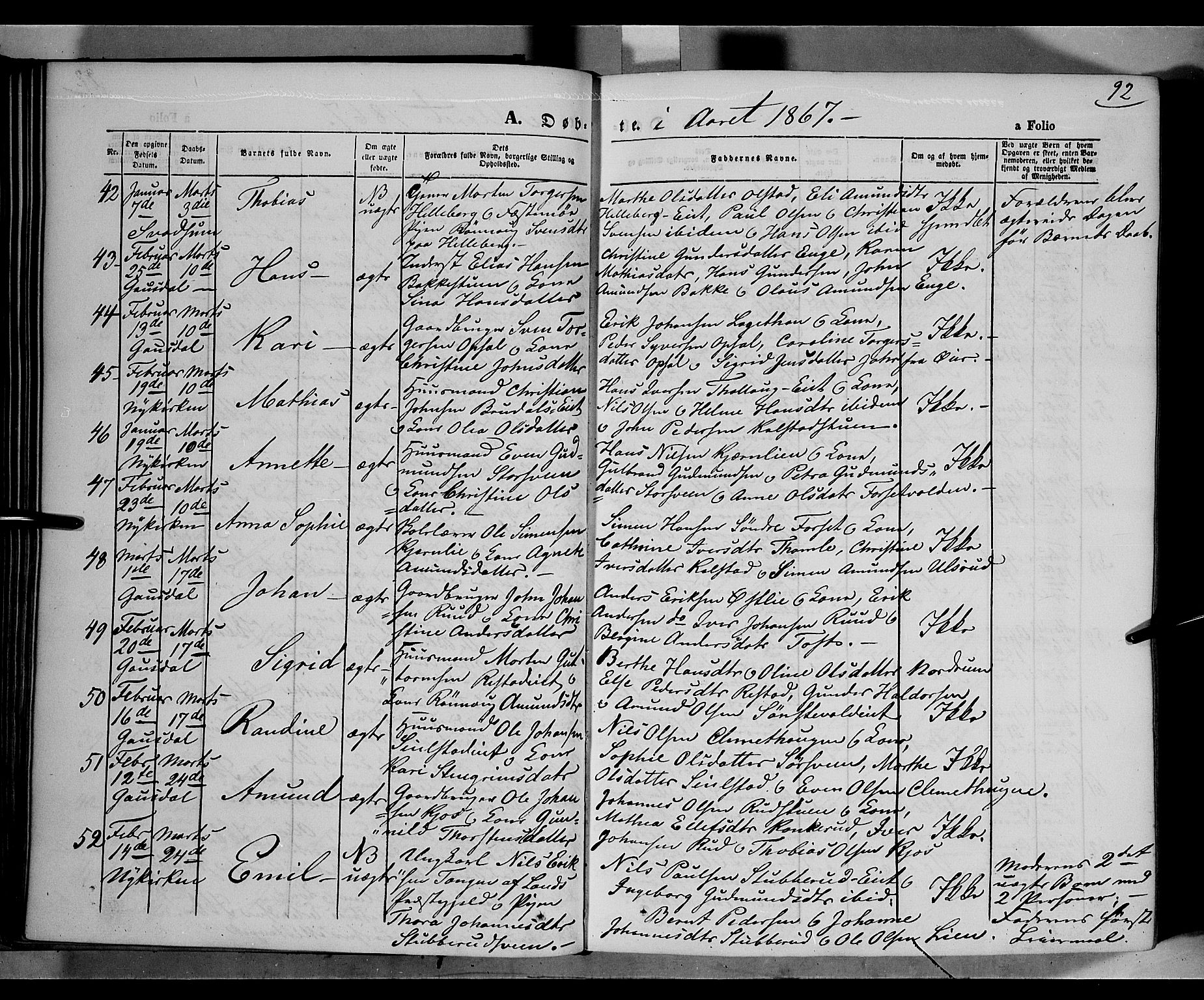 Gausdal prestekontor, AV/SAH-PREST-090/H/Ha/Haa/L0009: Parish register (official) no. 9, 1862-1873, p. 92