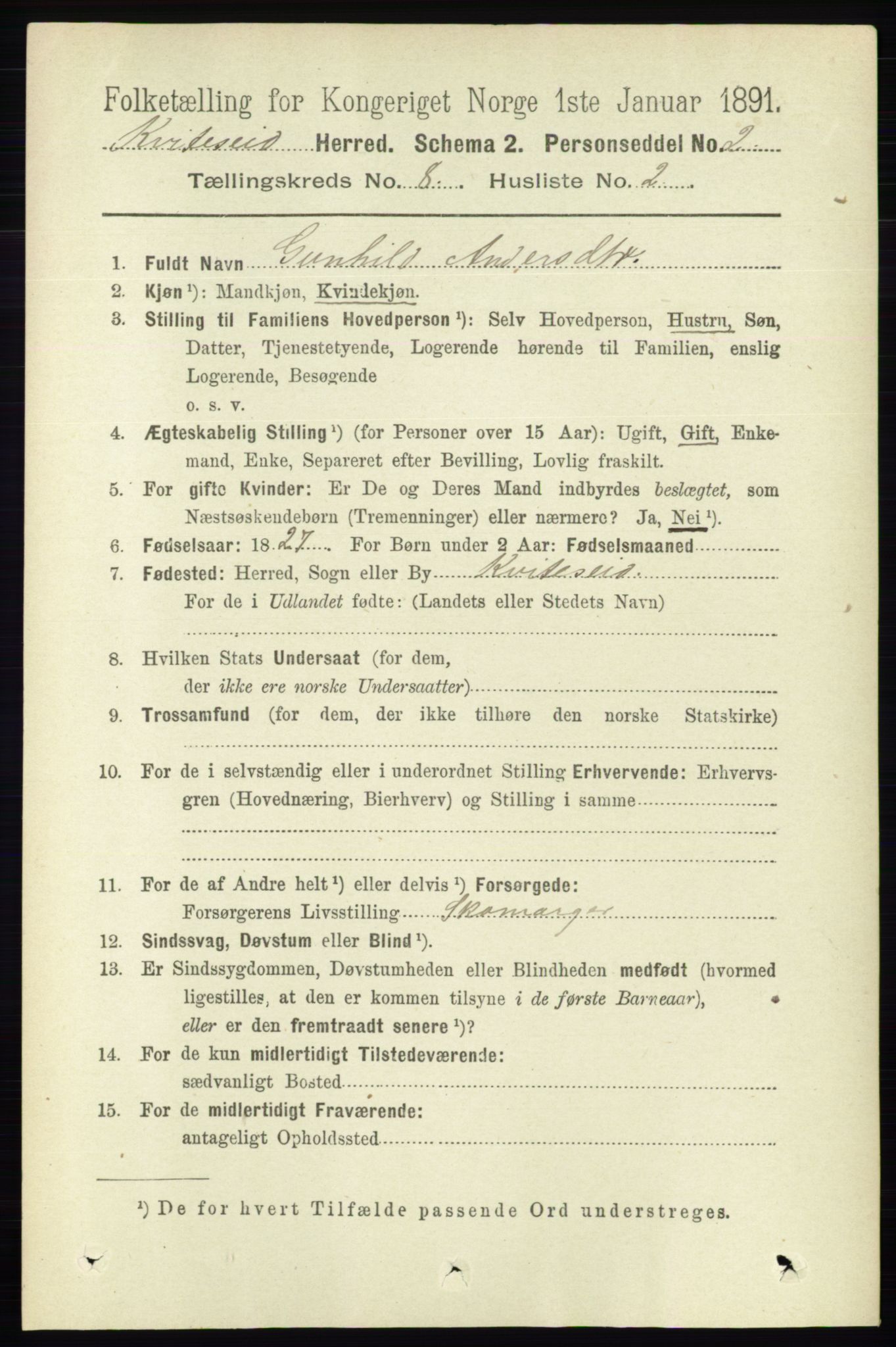 RA, 1891 census for 0829 Kviteseid, 1891, p. 1614