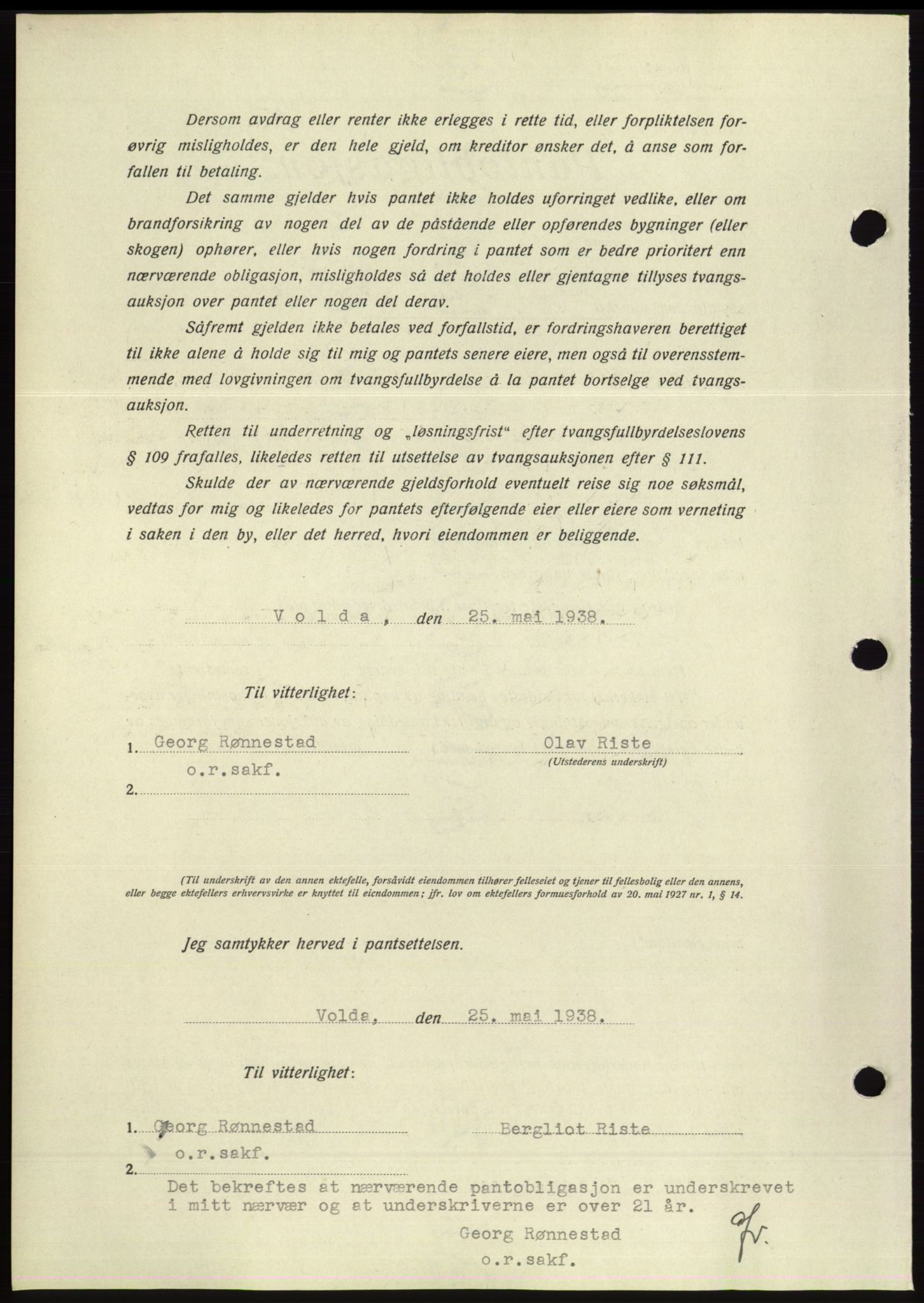 Søre Sunnmøre sorenskriveri, AV/SAT-A-4122/1/2/2C/L0065: Mortgage book no. 59, 1938-1938, Diary no: : 798/1938