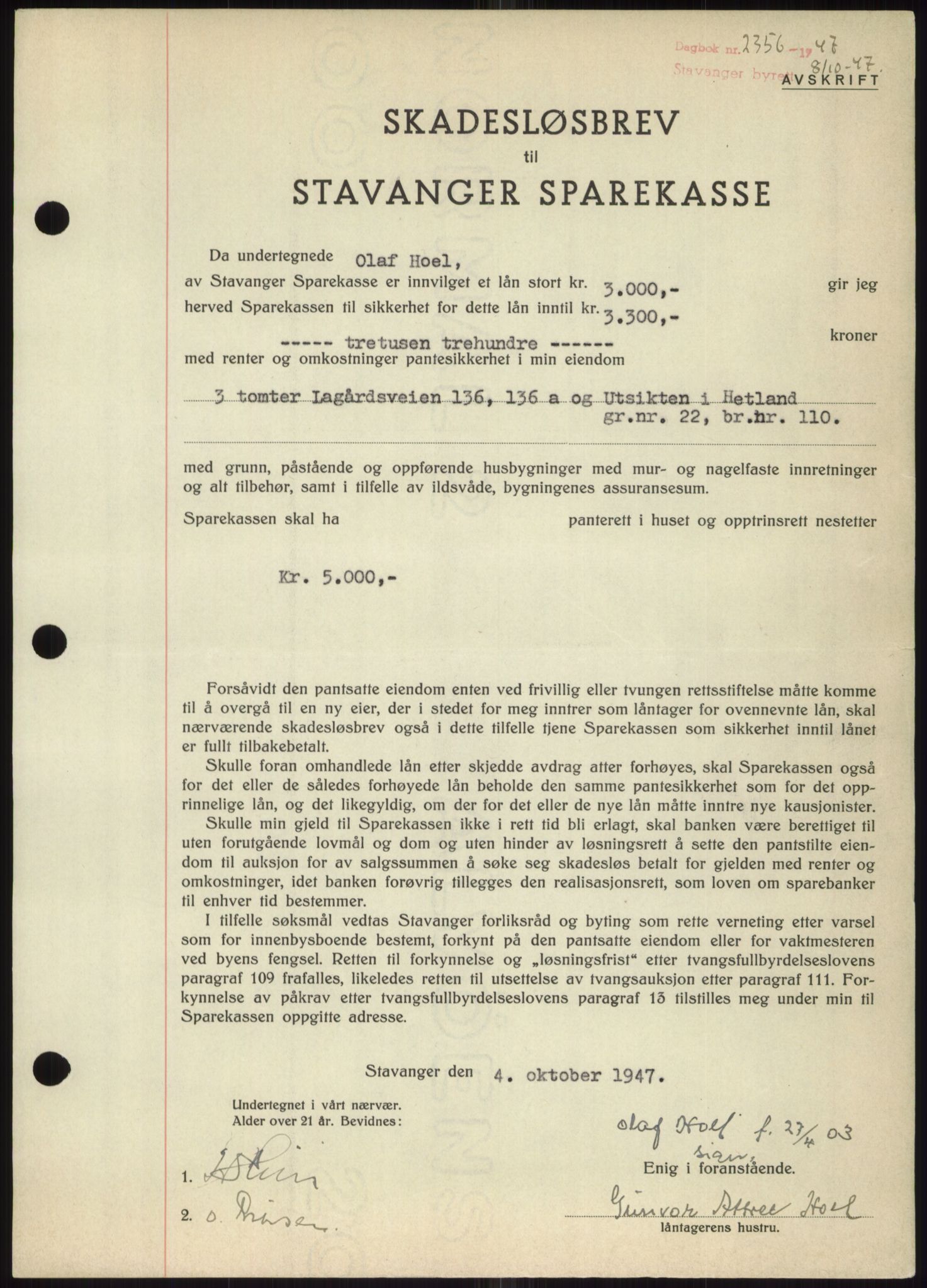 Stavanger byrett, SAST/A-100455/002/G/Gb/L0032: Mortgage book, 1947-1950, Diary no: : 2356/1947