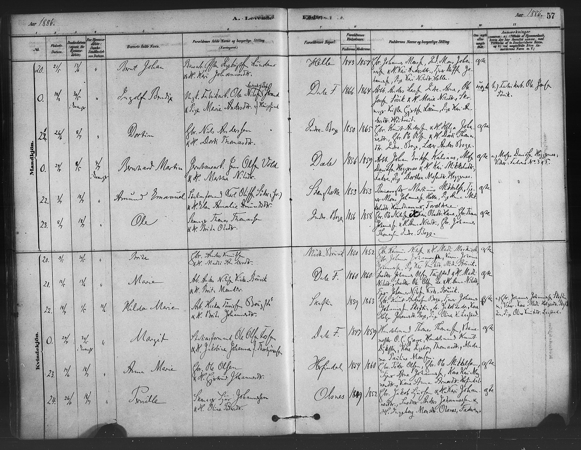 Bruvik Sokneprestembete, SAB/A-74701/H/Haa: Parish register (official) no. B 1, 1878-1904, p. 57