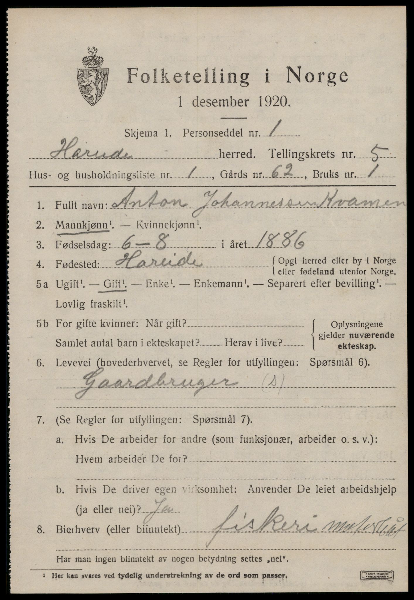 SAT, 1920 census for Hareid, 1920, p. 1869