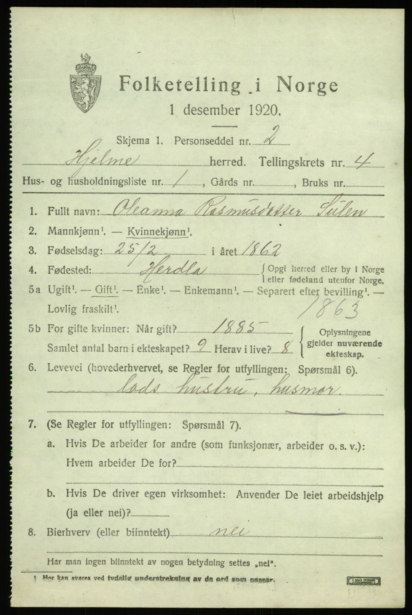 SAB, 1920 census for Hjelme, 1920, p. 2250