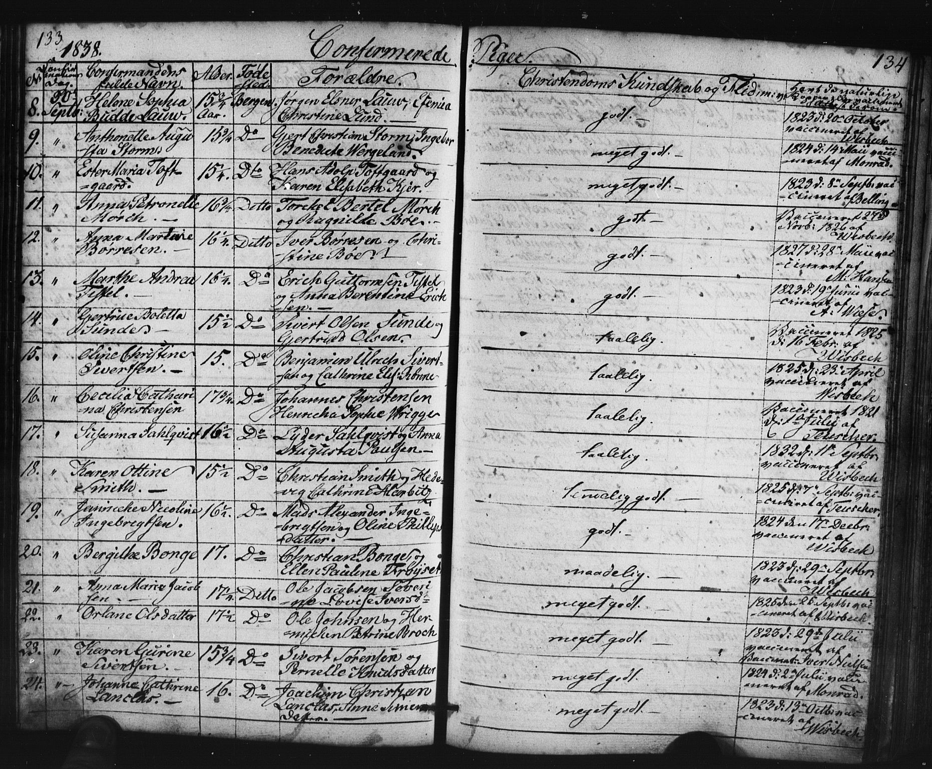 Domkirken sokneprestembete, AV/SAB-A-74801/H/Haa/L0063: Curate's parish register no. A 1, 1821-1848, p. 133-134