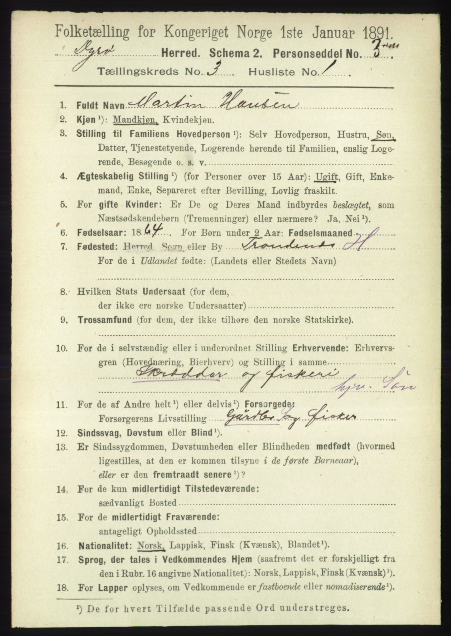 RA, 1891 census for 1926 Dyrøy, 1891, p. 1148