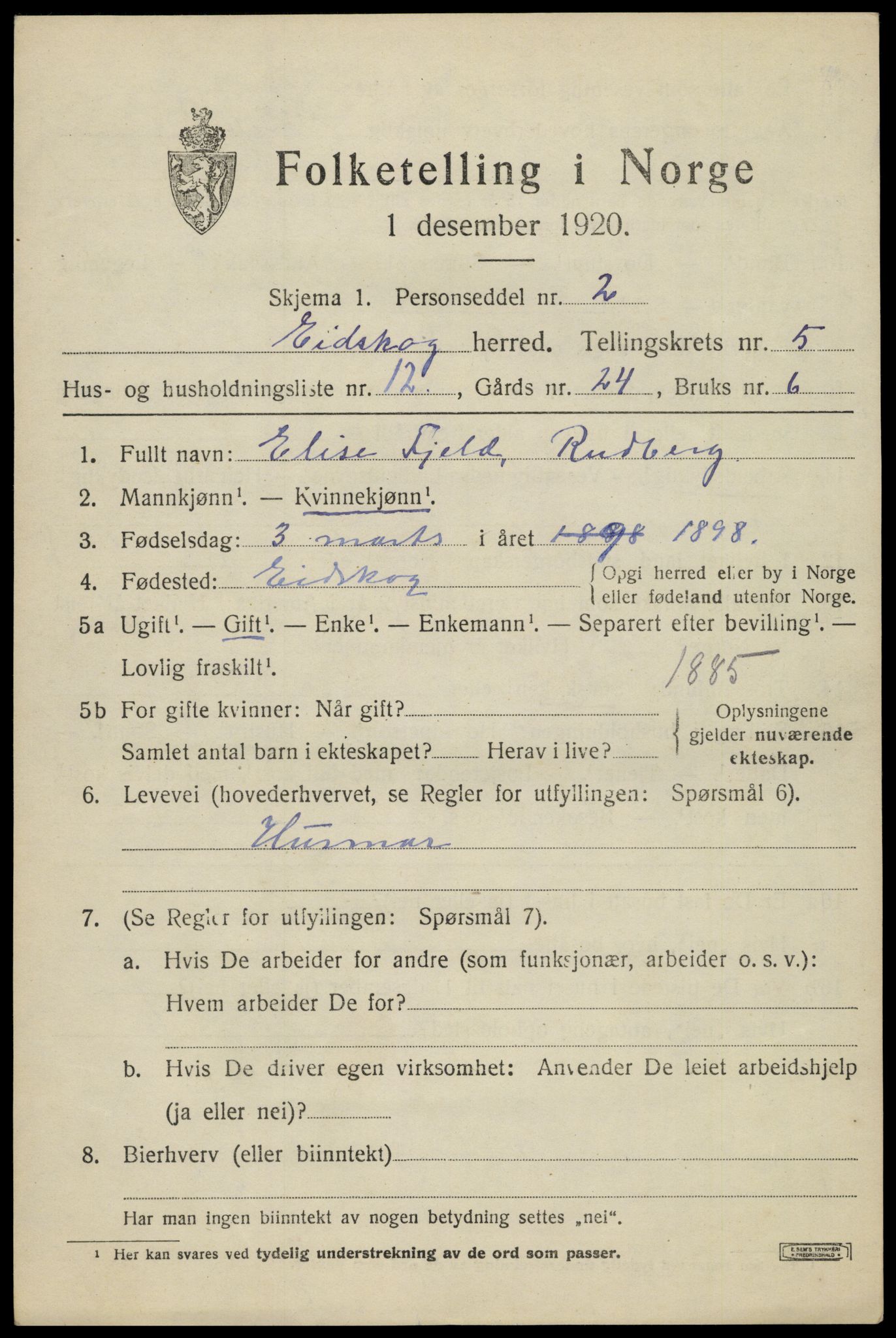 SAH, 1920 census for Eidskog, 1920, p. 5897