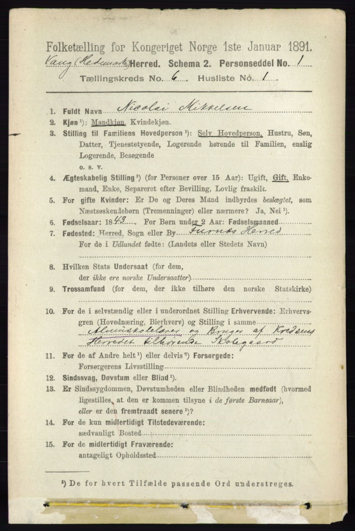RA, 1891 census for 0414 Vang, 1891, p. 4281