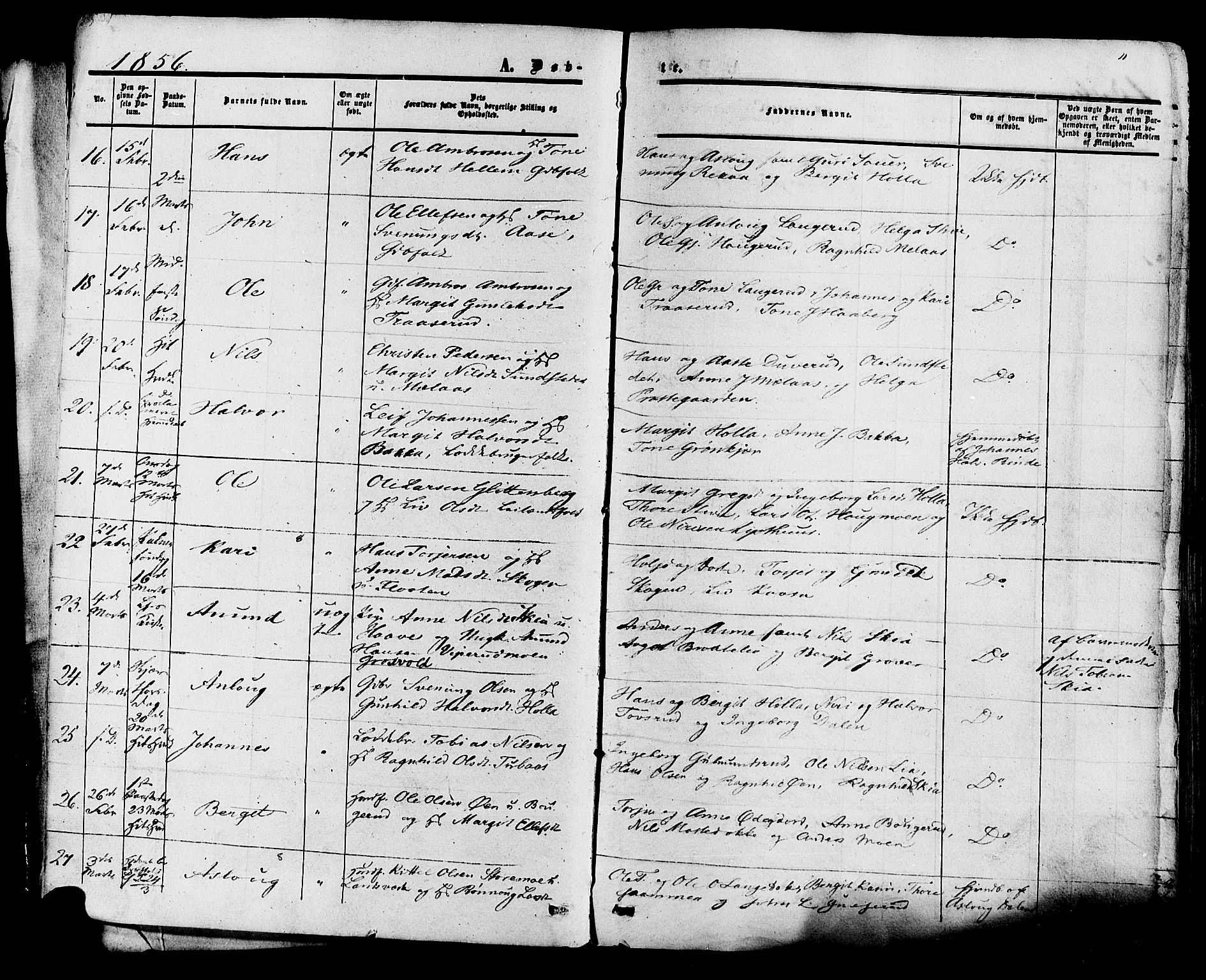 Heddal kirkebøker, AV/SAKO-A-268/F/Fa/L0007: Parish register (official) no. I 7, 1855-1877, p. 11