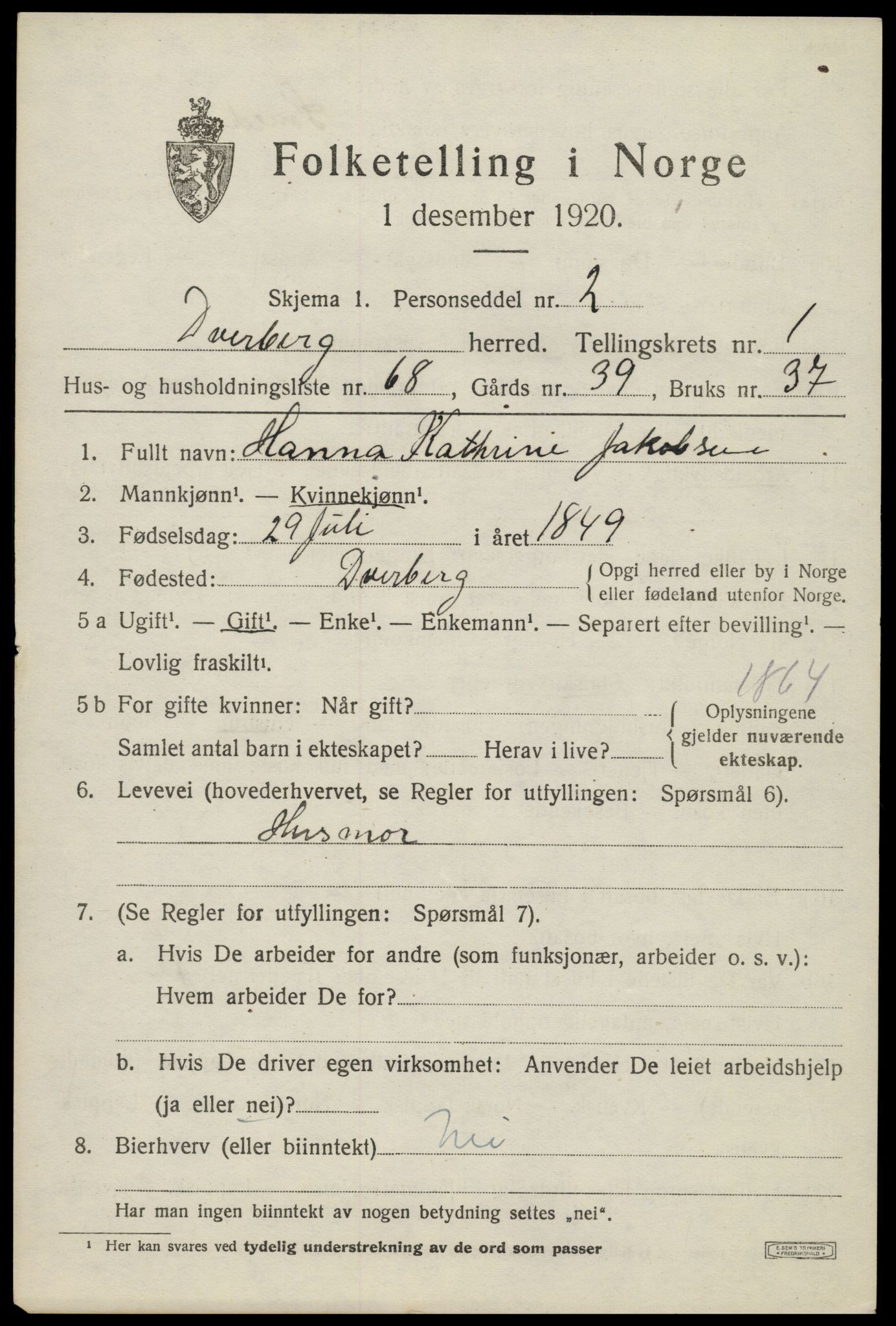 SAT, 1920 census for Dverberg, 1920, p. 2684