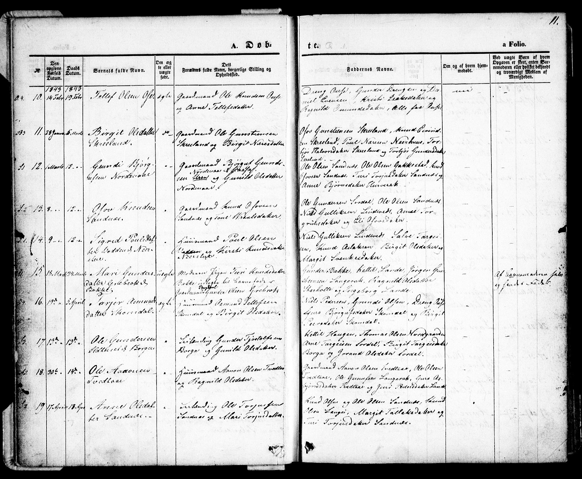 Bygland sokneprestkontor, AV/SAK-1111-0006/F/Fa/Fab/L0004: Parish register (official) no. A 4, 1842-1858, p. 11