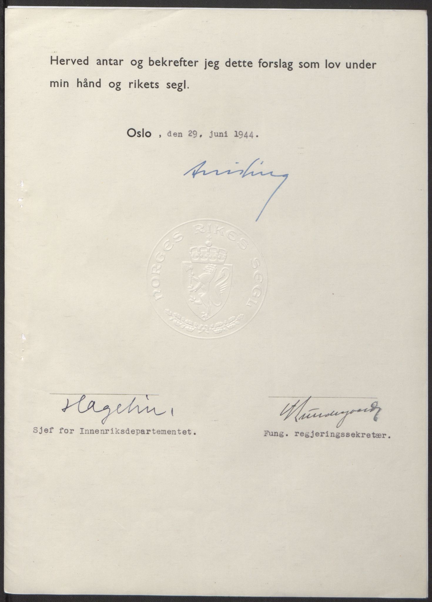 NS-administrasjonen 1940-1945 (Statsrådsekretariatet, de kommisariske statsråder mm), RA/S-4279/D/Db/L0100: Lover, 1944, p. 311