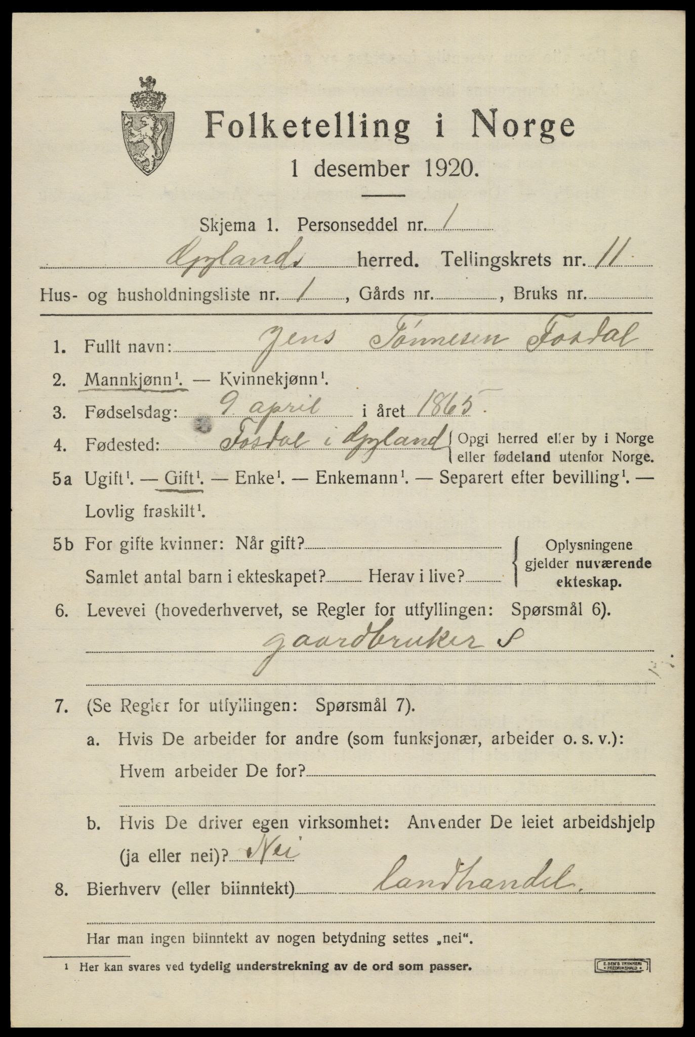 SAK, 1920 census for Gyland, 1920, p. 2300