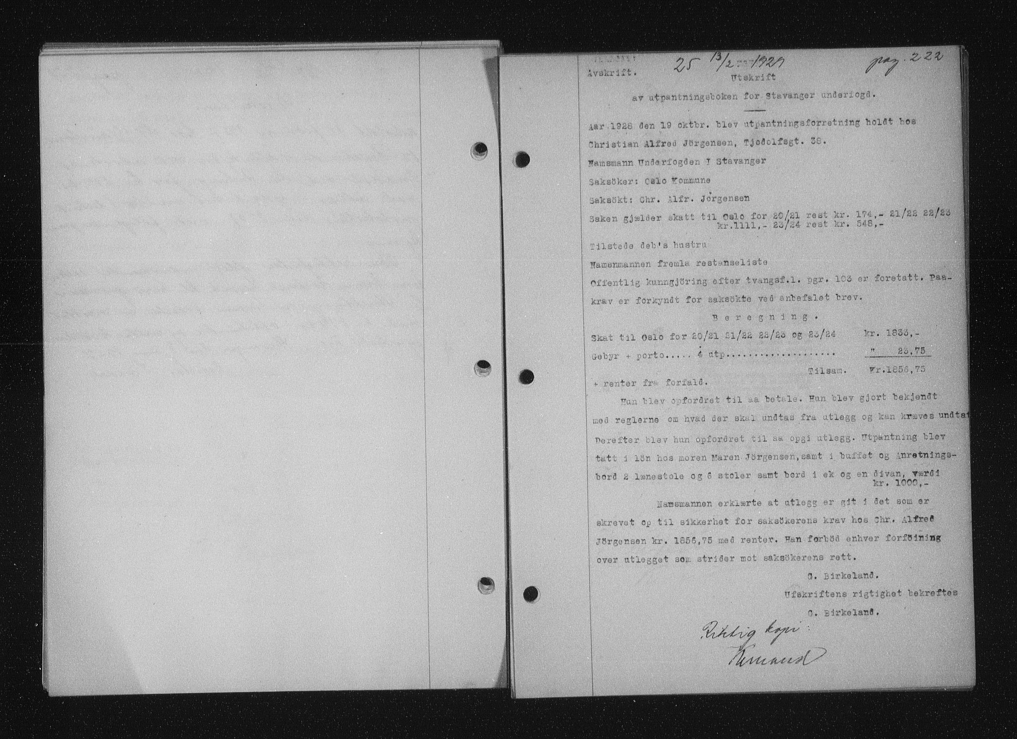 Stavanger byfogd, AV/SAST-A-101408/001/4/41/410/410BB/L0055: Mortgage book no. 43, 1928-1929, Deed date: 13.02.1929