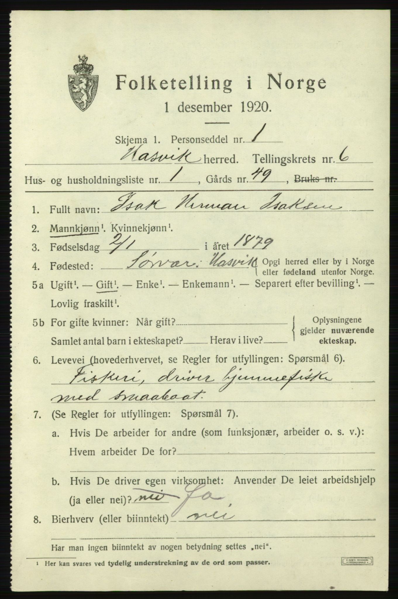 SATØ, 1920 census for Hasvik, 1920, p. 2553