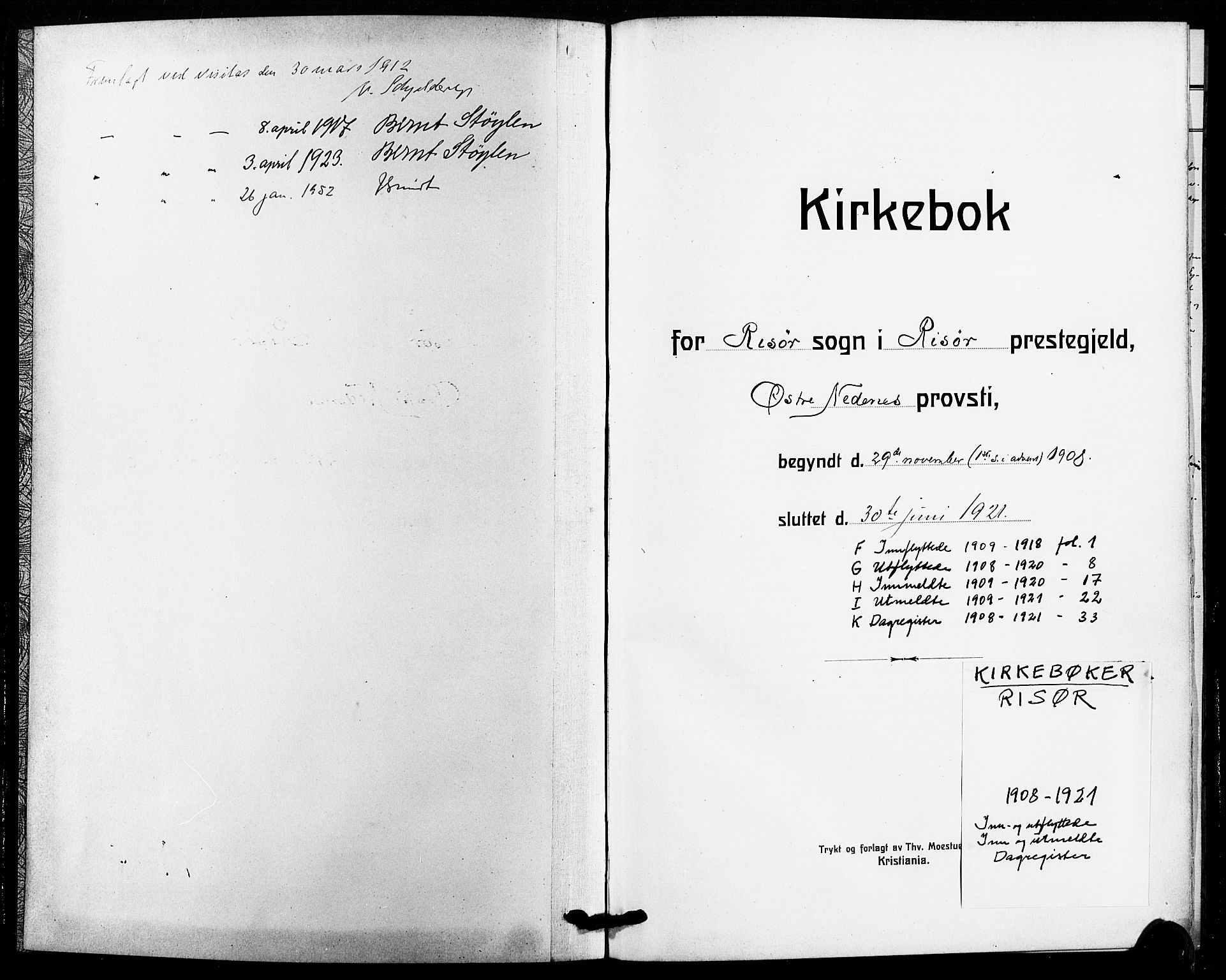 Risør sokneprestkontor, SAK/1111-0035/F/Fa/L0007: Parish register (official) no. A 7, 1908-1921