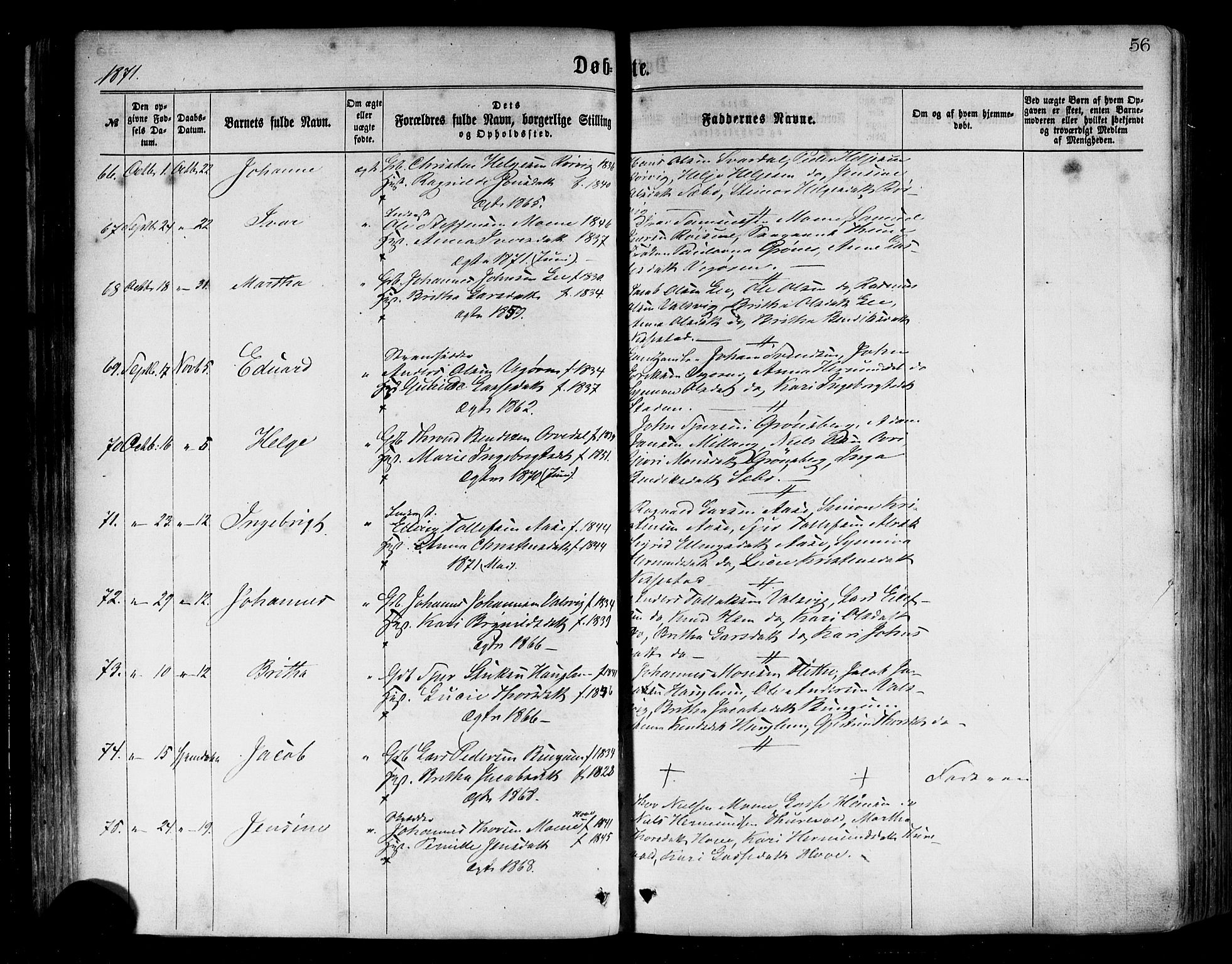 Vik sokneprestembete, AV/SAB-A-81501/H/Haa/Haaa/L0009: Parish register (official) no. A 9, 1866-1877, p. 56